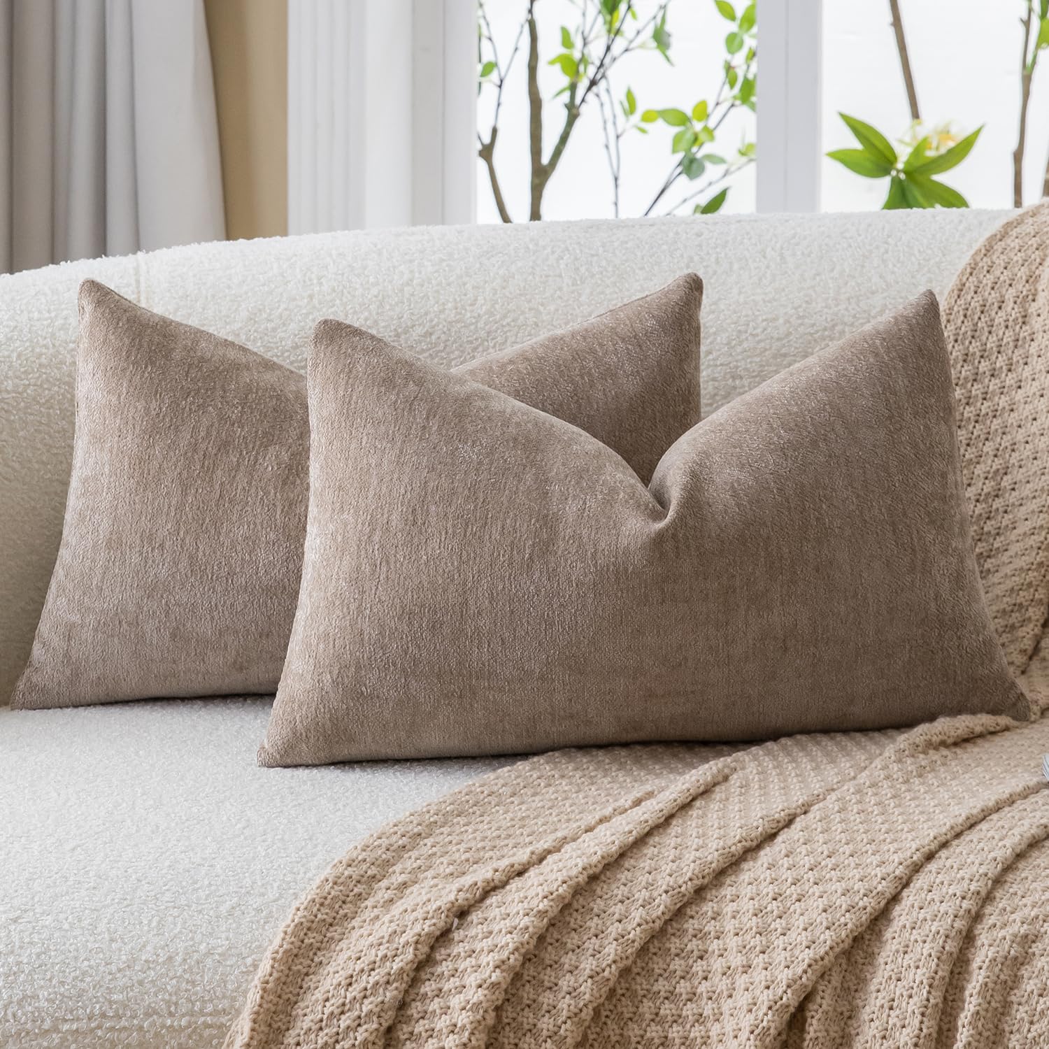 Mandioo Chenille Light Brown Cushion Covers 30x60cm 12x24 Inch Set of 2, Decorative Soft Thick Couch Pillow Covers Solid Accent Farmhouse Neutral Throw Pillow Cases for Sofa Bed Living Room