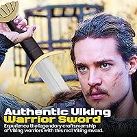 Vista 2 de SZCO Supplies - Espada vikinga real, espada de acero inoxidable de 36.5 pulgadas con pomo y protector de latón, mango de cuero y vaina, espada