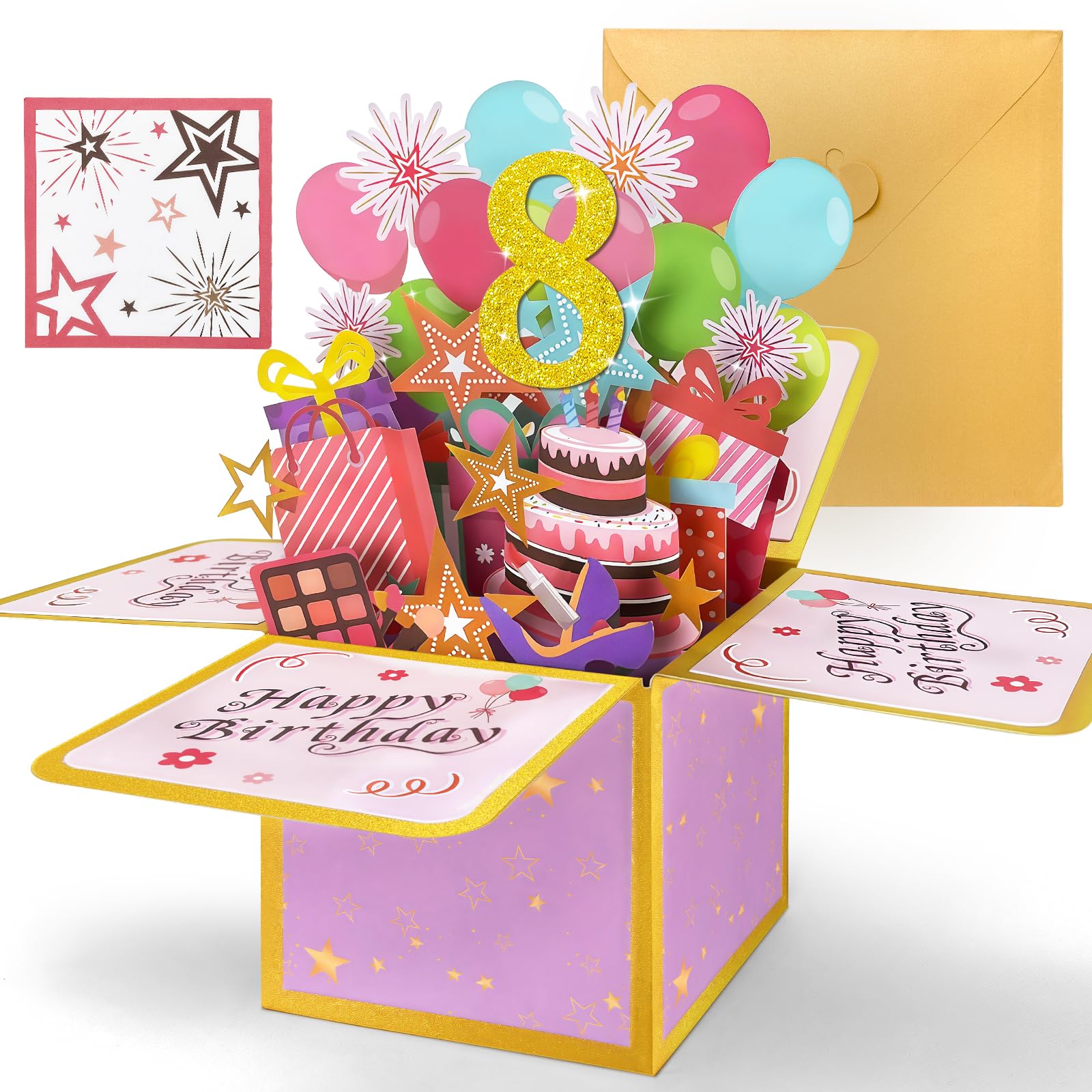 Hierein 8th Birthday Card, Pink Pop Up 8th Birthday Cards for Girl, 3D Sweet Happy Birthday Card, Popup Gift Box Greeting Cards for 8 Year Old Daughter Granddaughter Sister Niece Gift Decoration