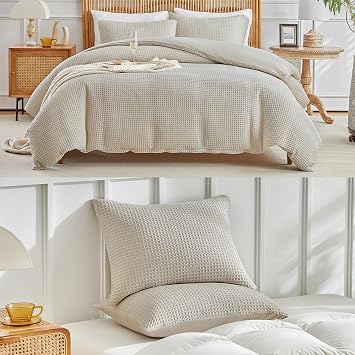 WARMDERN Bundle of Khaki Waffle Queen Size Duvet Cover Set and Pillow Covers