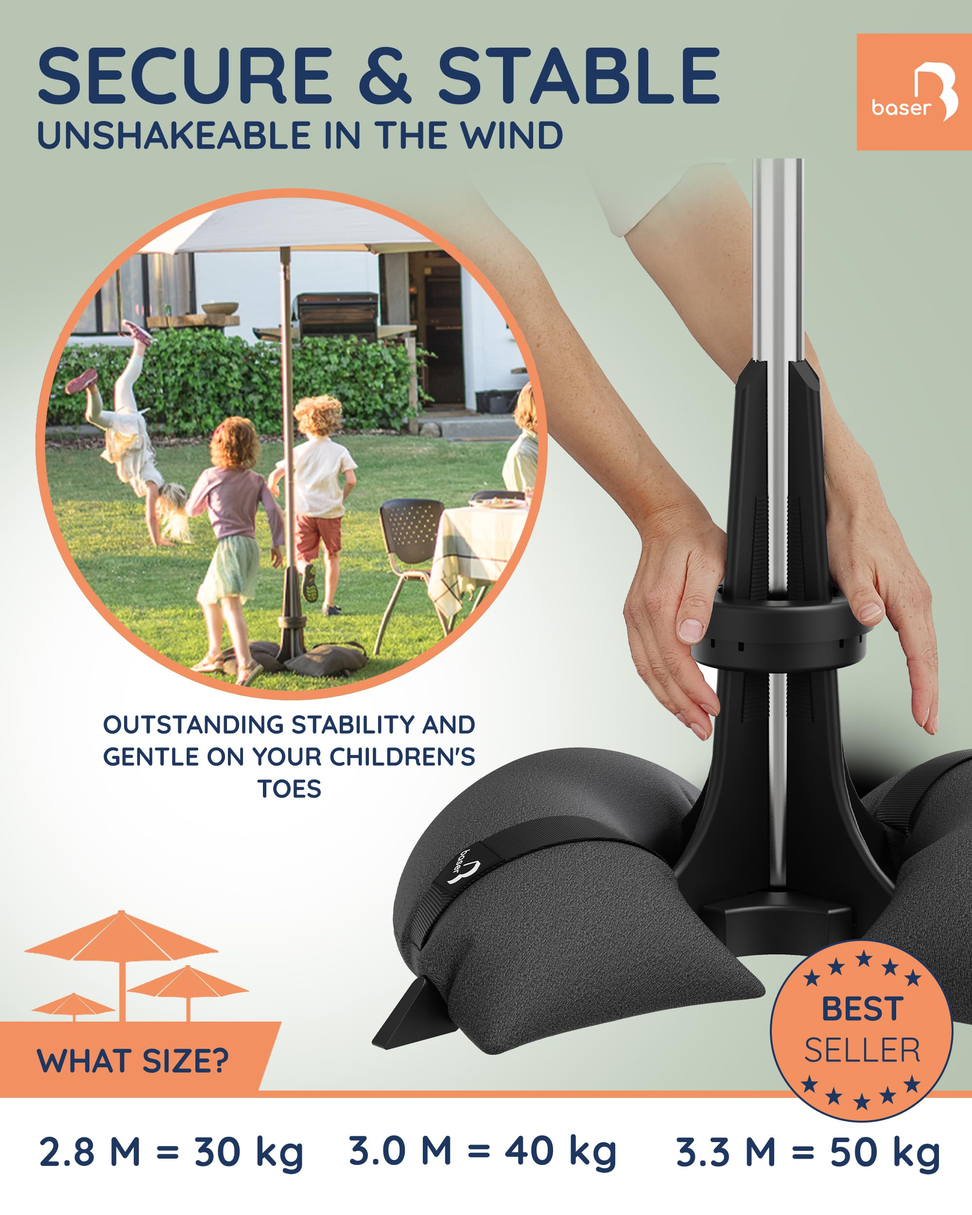 BASER Heavy Duty Podstawa parasola Stojak na parasol – Napełniane Worki z piaskiem (50kg) do Parasol ogrodowy 3,5m – Uchwyt 38-58mm, Bez Piasku