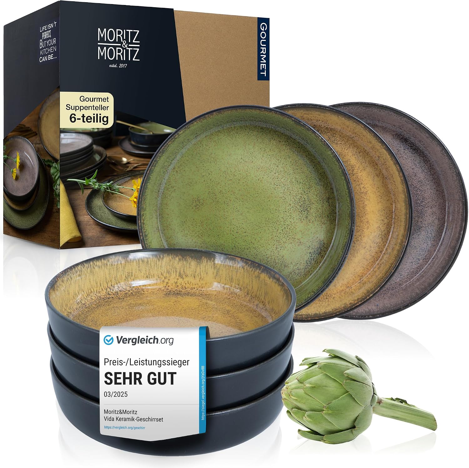 Moritz & Moritz VIDA Soup Plates Set of 6 Yellow Green Pink Soup Plates for 6 People Porcelain Dishwasher and Microwave Safe