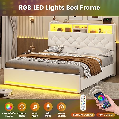Miniatura 5 de BTHFST Base de cama Queen con 4 cajones y cabecera de almacenamiento, marco de cama LED tamaño Queen con estación de carga, cama tapizada de