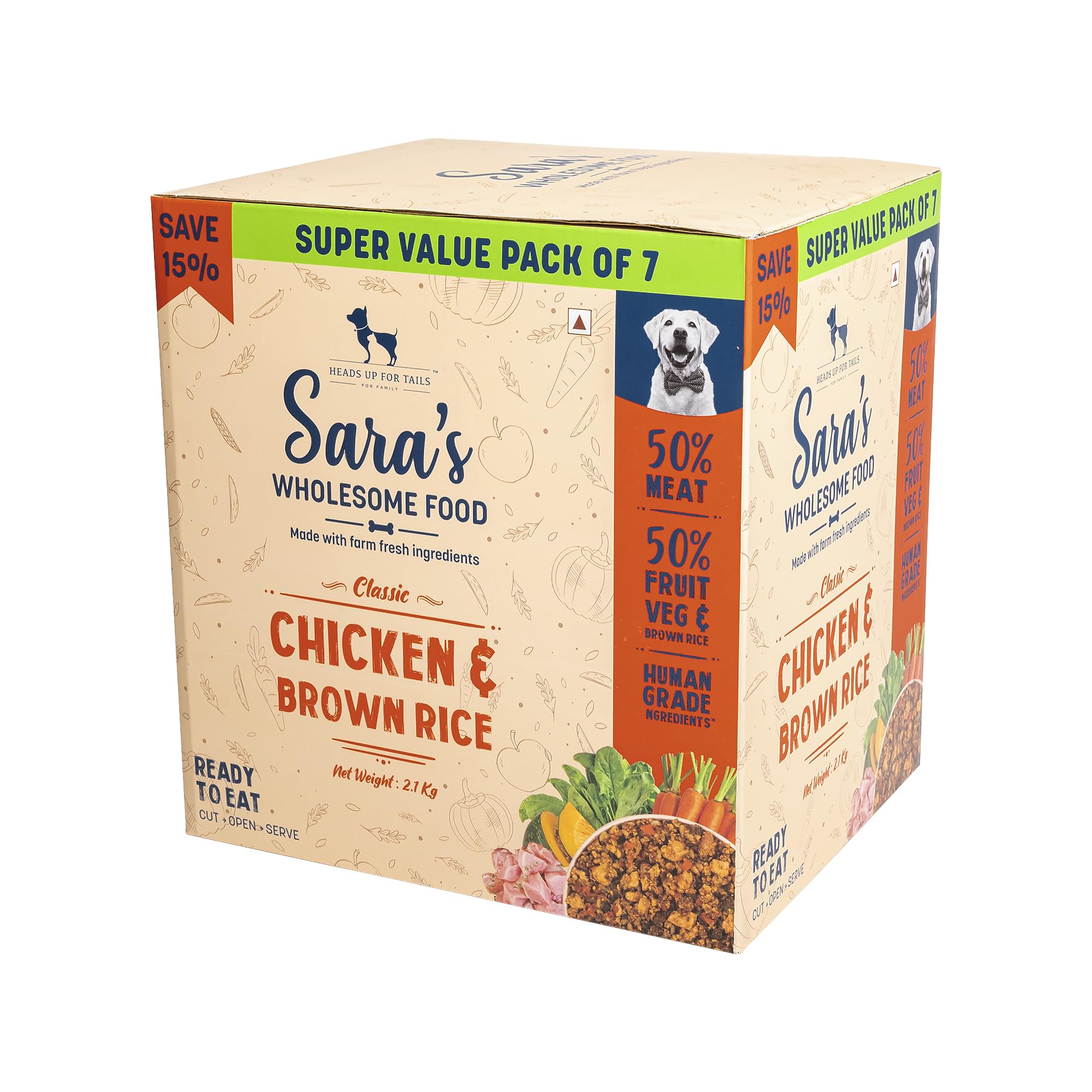 Heads Up For Tails Sara's Wholesome Food - Classic Chicken And Brown Rice Dog Food | No Artificial Flavours | No Added Preservatives Free For All Breeds - 300Gm | Pack Of 7, All Life Stages