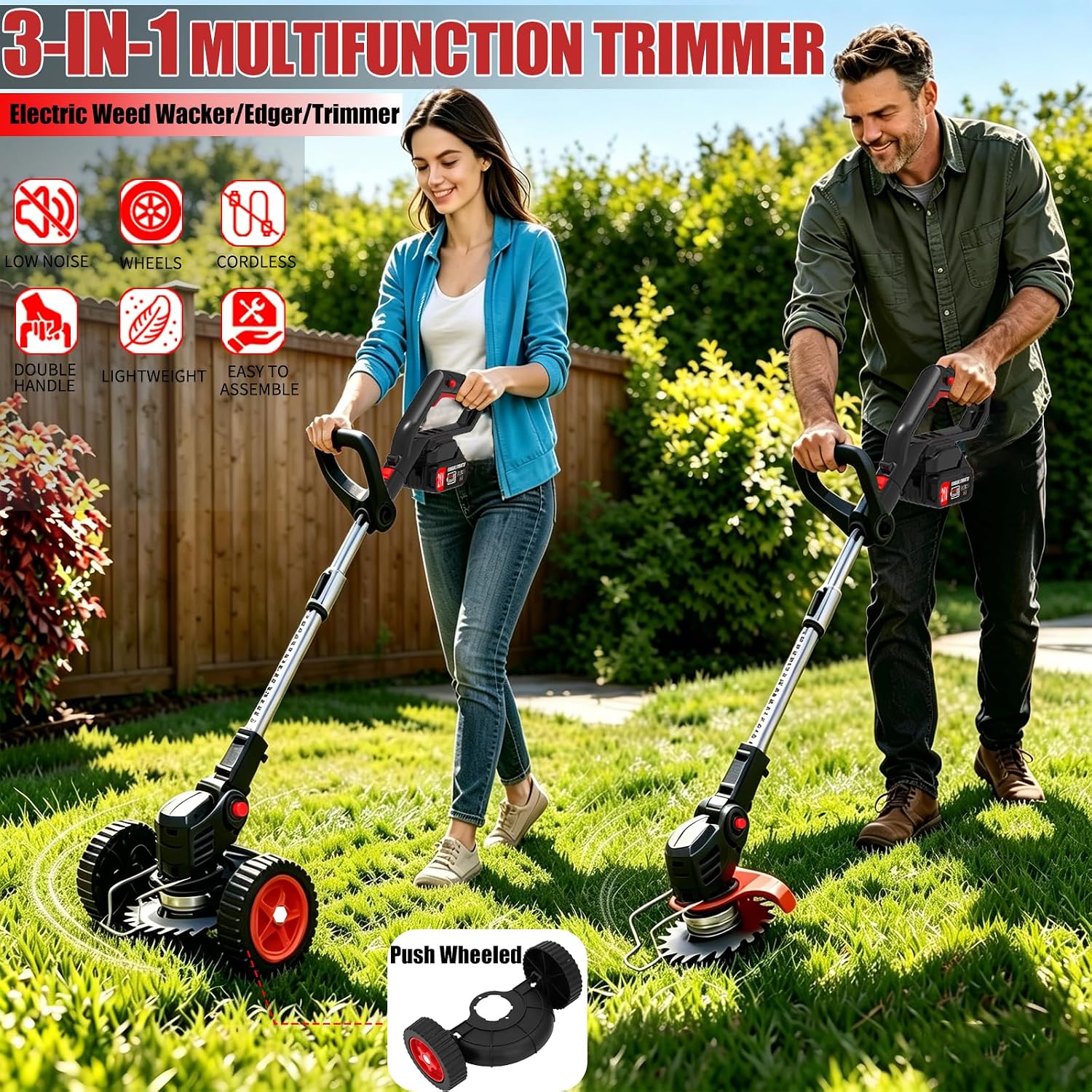 (not tested)electric weed wacker cordless weed eater, 21v no string trimmer battery powered, 3-in-1 grass trimmer/lawn edger/brush cutter with metal blades & wheels, weed trimmer battery operated for garden &yard | 21v string trimmer with blades, 3-in-1 grass trimmer/lawn edger/brush cutter, weed trimmer battery operated for garden &yards