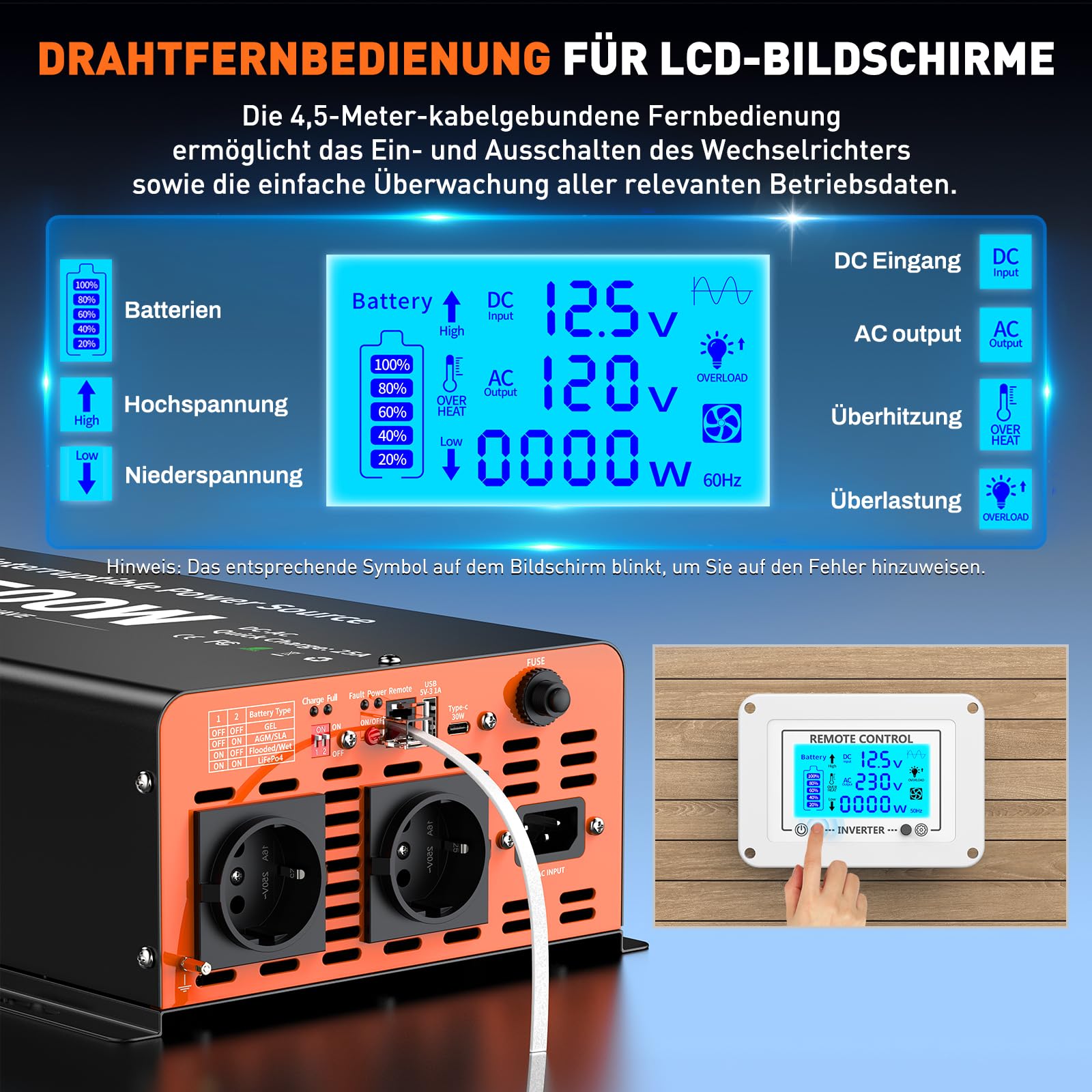 Falownik 2500 W, 12 V na 230 V, czysty sinus z przełącznikiem priorytetowym i funkcją ładowania 25 A i USV, przetwornica napięcia z pilotem LCD, USB-A, USB-C 30 W, do samochodów ciężarowych