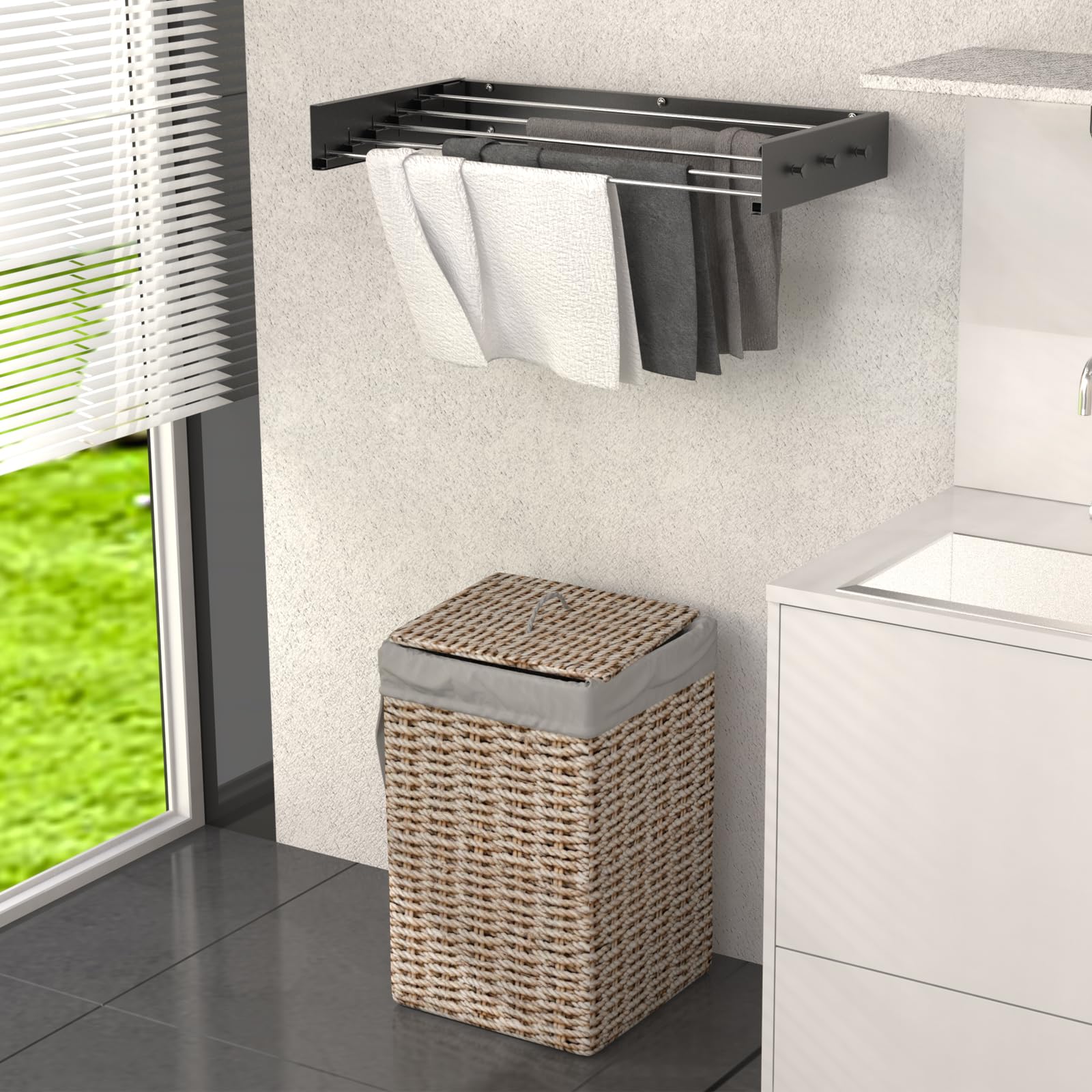 Wäscheständer Wandmontage 80 cm Metall Wäschetrockner Wand Wand mit Extra Kleiderhaken Wandtrockner Ausziehbar für Indoor & Outdoor，Kleine Häuser, Hotels, Wohnungen, Balkone