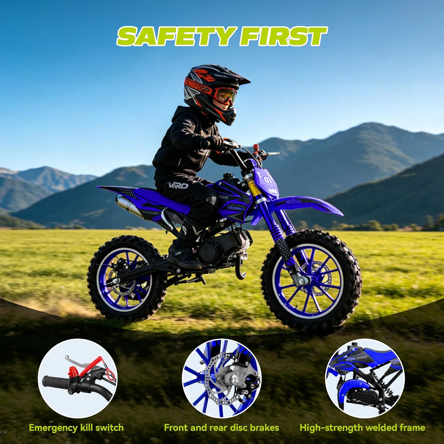 50cc Kids Dirt Bike, 2-Stroke Gas Dirt Bike for Kids 8-14, Upgraded Mini Pit Bike Up to 25 Mph with Dual Disc Brakes, 10 Inches Off-Road Tires and Front & Rear Absorption（Blue）
