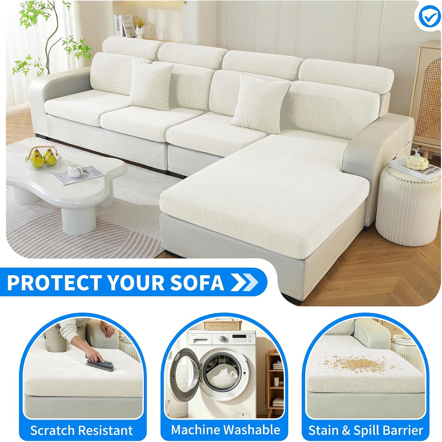 Waterproof Couch Cushion Covers,3-Piece Sofa Seat Slipcovers for Pets,Non Slip Sofa Seat Cover Washable,Sofa Slipcovers with Elastic Bottom,3 Piece Sofa Cushion Cover,Beige White