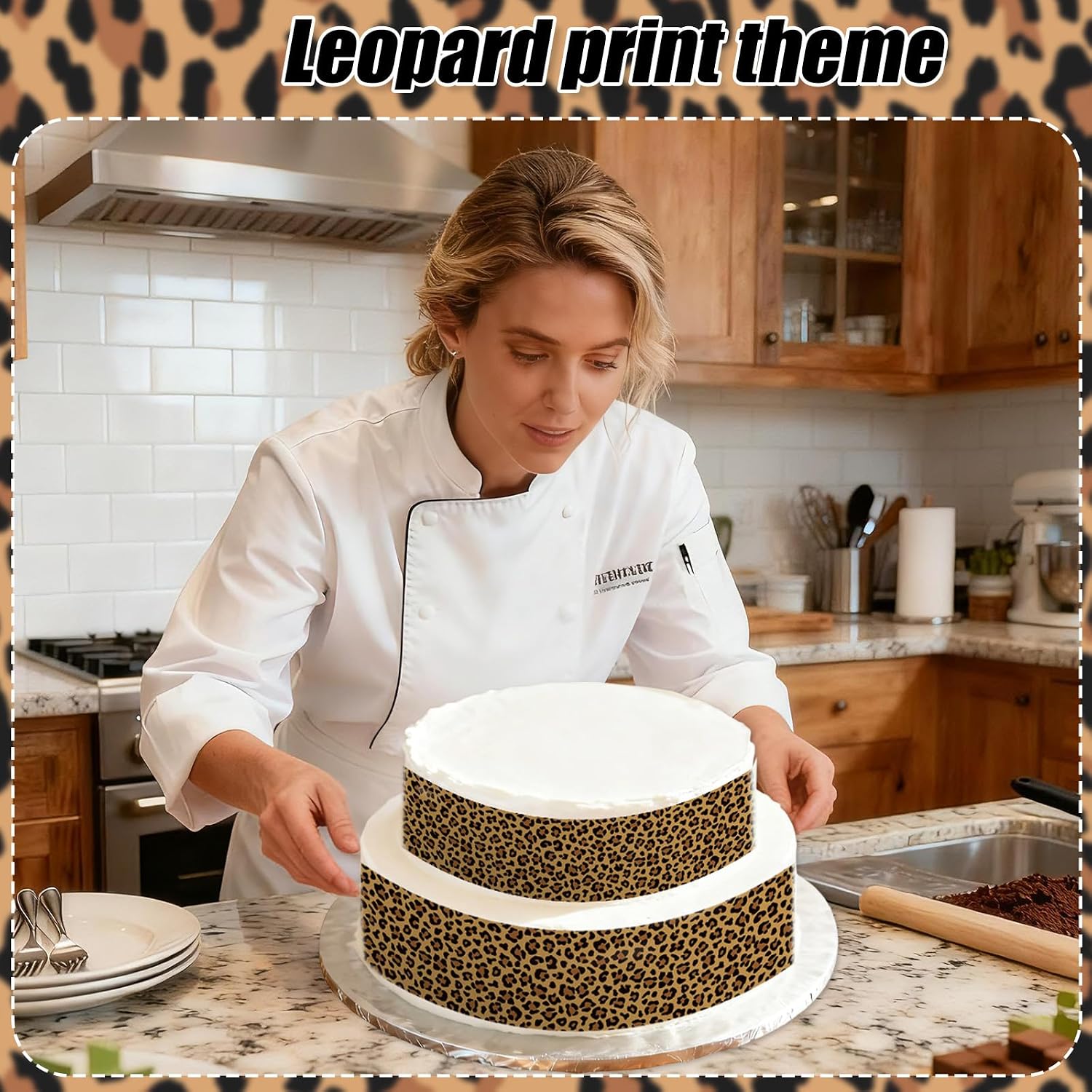 3pcs Leopard Icing Image Cake Borders, 10.50x2.50in/26.67x6.35cm Glutinous Rice Paper Material Leopard Print Cake Wrap for Animal Theme Birthday Party Supplies image 3