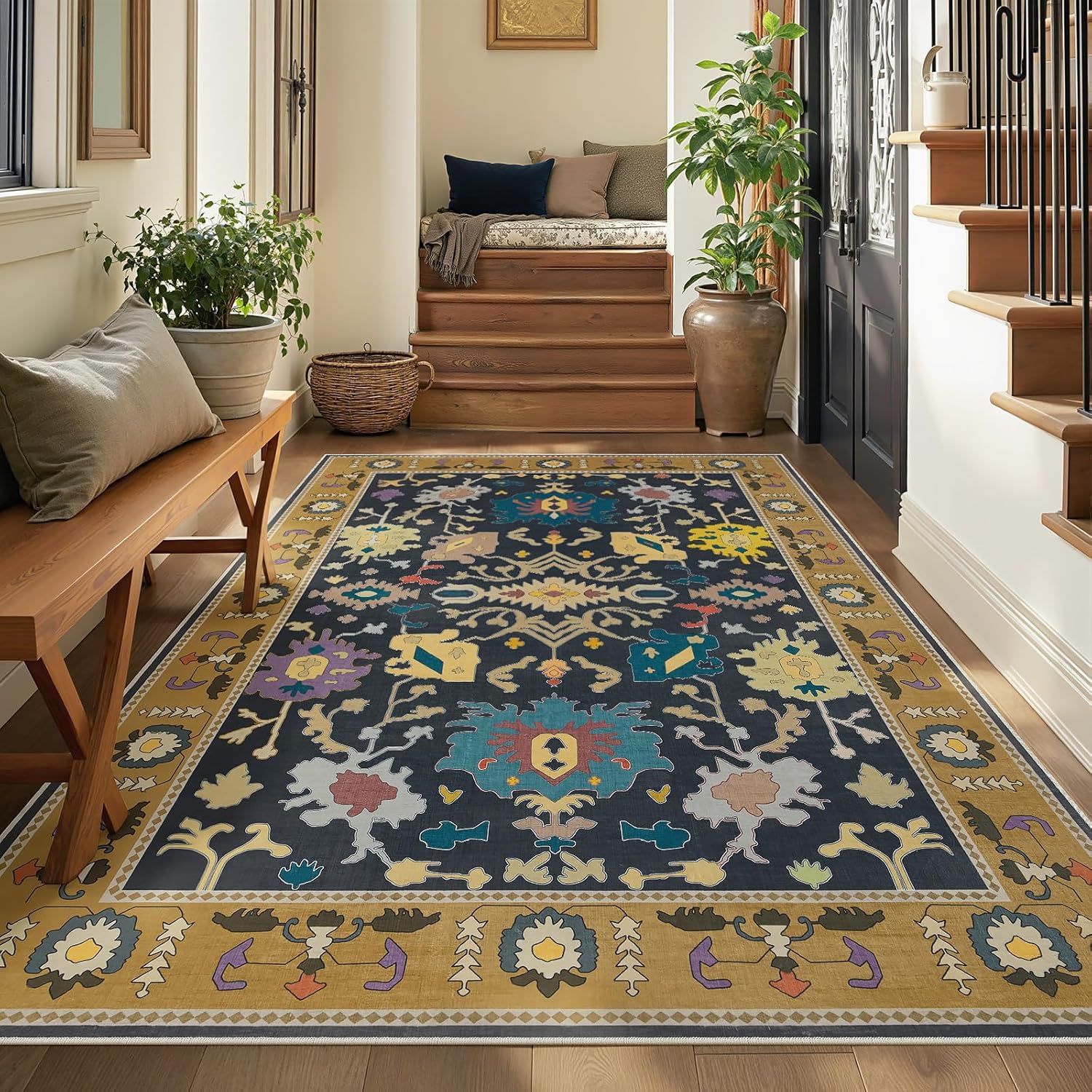 Joydeco Oushak Washable 8x10 Area Rugs for Living Room, Vintage Dining Room Rug Non Slip, Boho Floral Soft Low-Pile Floor Indoor Throw Carpet for Bedroom Dorm Home Office, Black/Multi