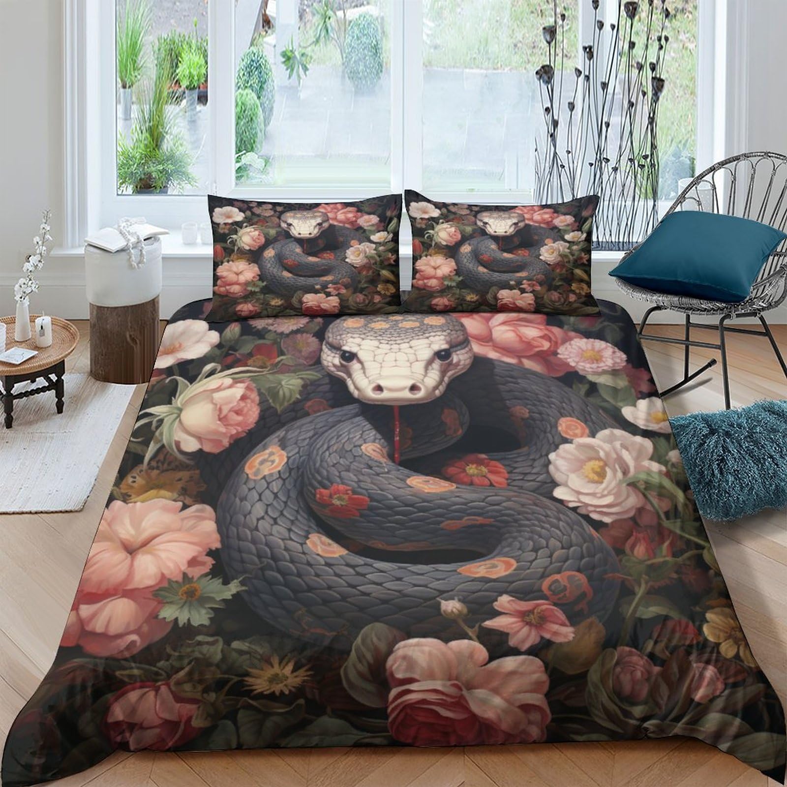 Housse de couette serpent 3D anti-plis avec fermeture éclair lit King