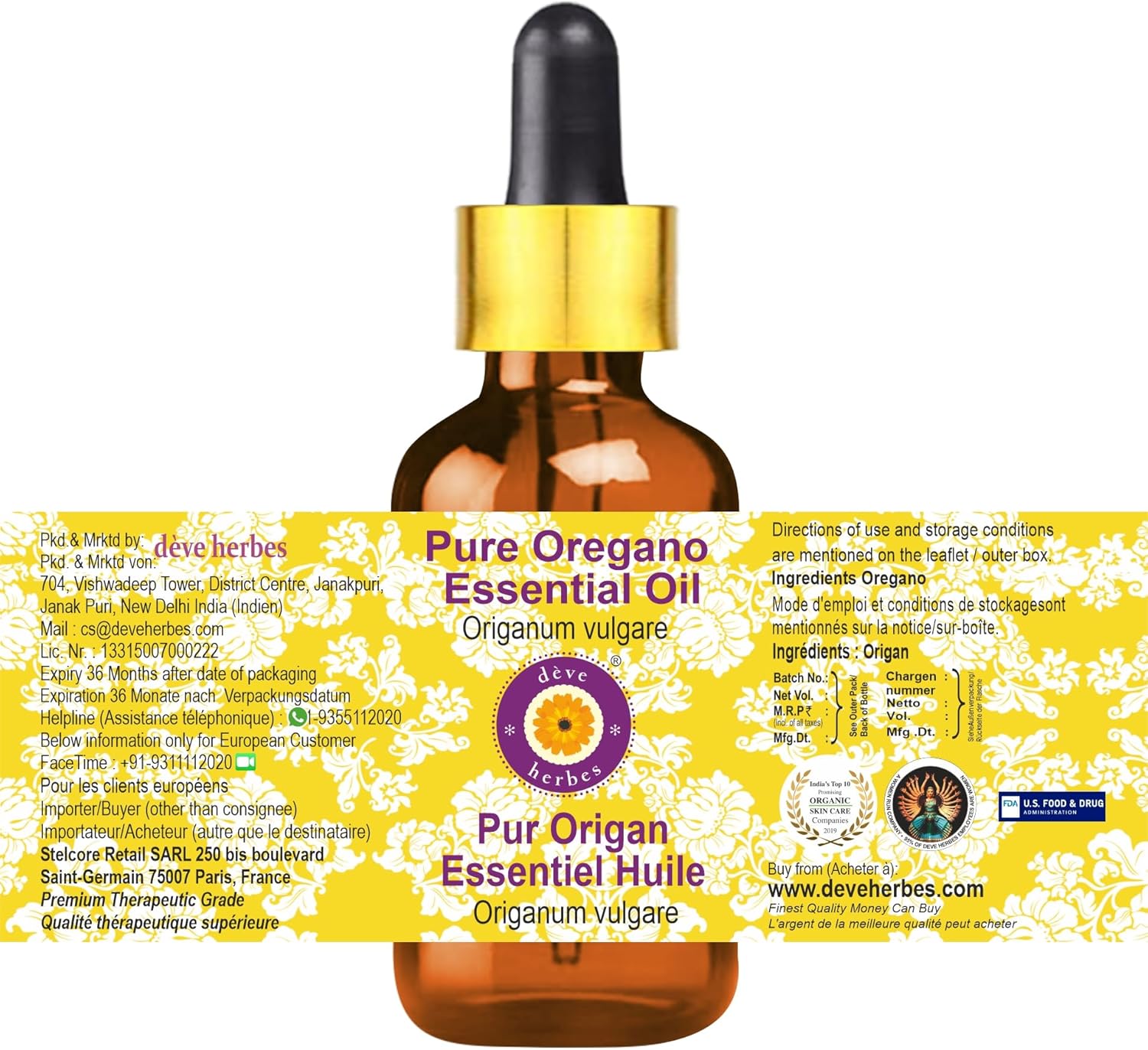 dève herbes Pure Oregano Essential Oil (Origanum vulgare) with Glass Dropper Steam Distilled (Pack of Two) 100ml X 2 (6.76 oz)