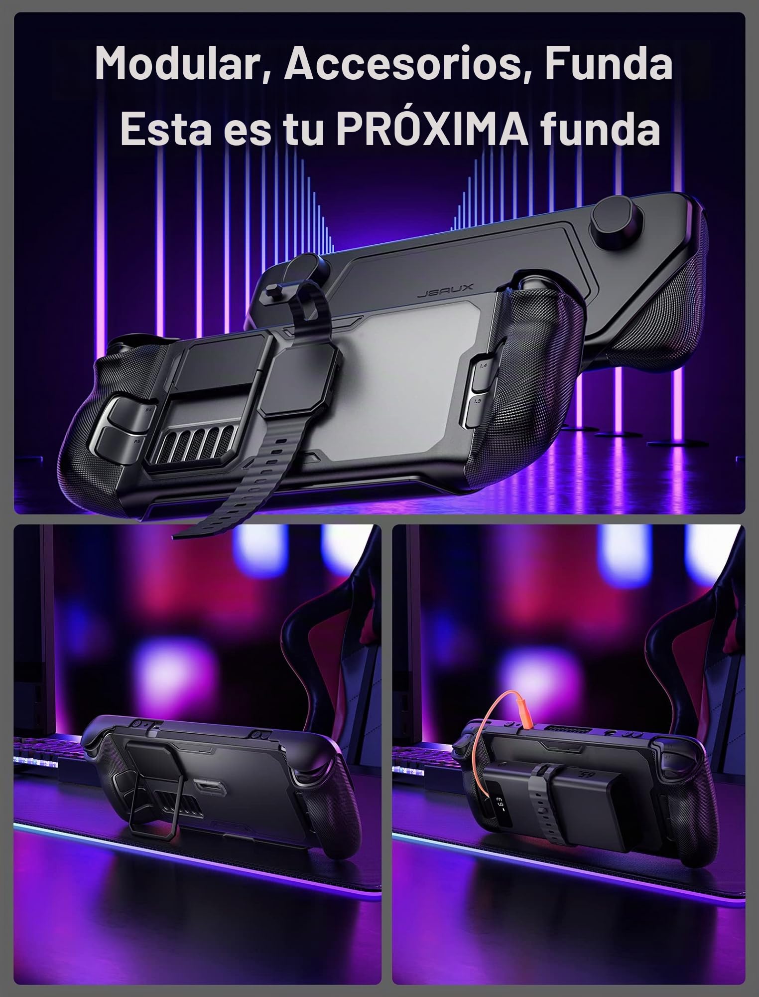 JSAUX ModCase Compatible con Steam Deck, PC0104 Estuche Modular para Valve Steam Deck Incluyen Funda Protectora, Cubierta Frontal, Soporte Metálico y Correa - Set Básico