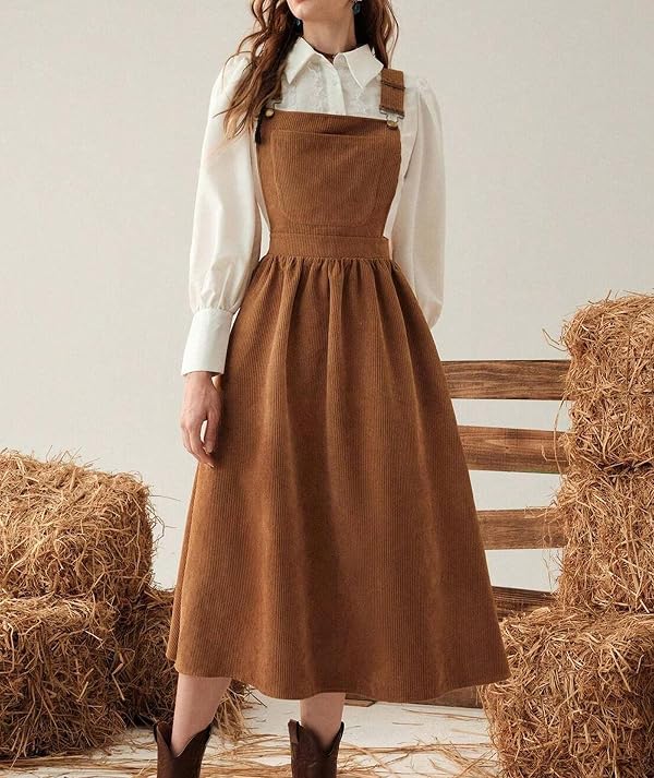 SOMTHRON Women's Corduroy Bib Overall Dress Sleeveless Adjustable Strap A Line Flare Fall Pinafore Midi Jumper Dress BR-2XL Brown by SOMTHRON - Used condition - Image 4