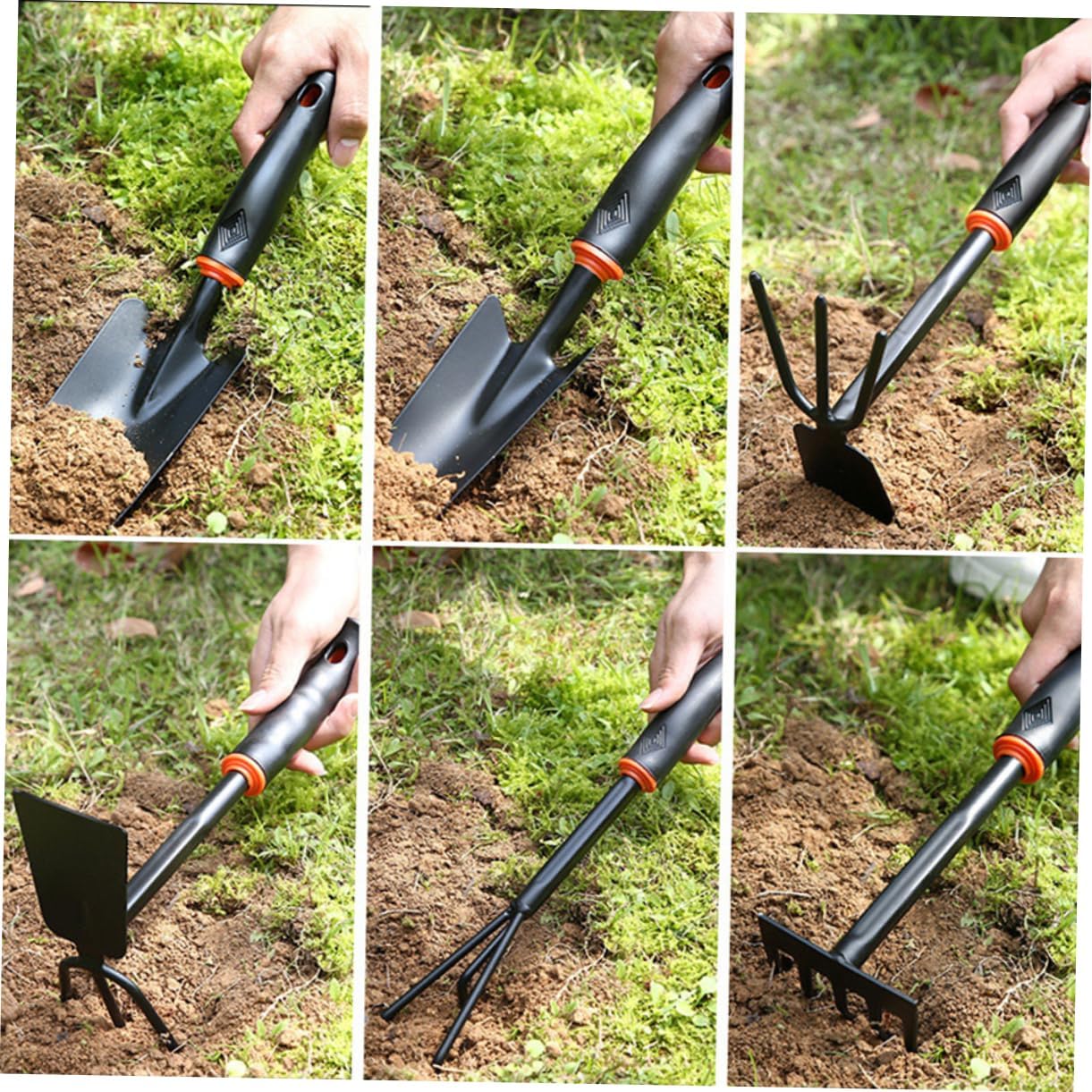 GALPADA 6pcs Garden Tool Set with Ergonomic Anti-Skid Handles Versatile Shovel Rake and Dual-use Hoeing Rake for Gardening for Home and Balcony Use Black Orange