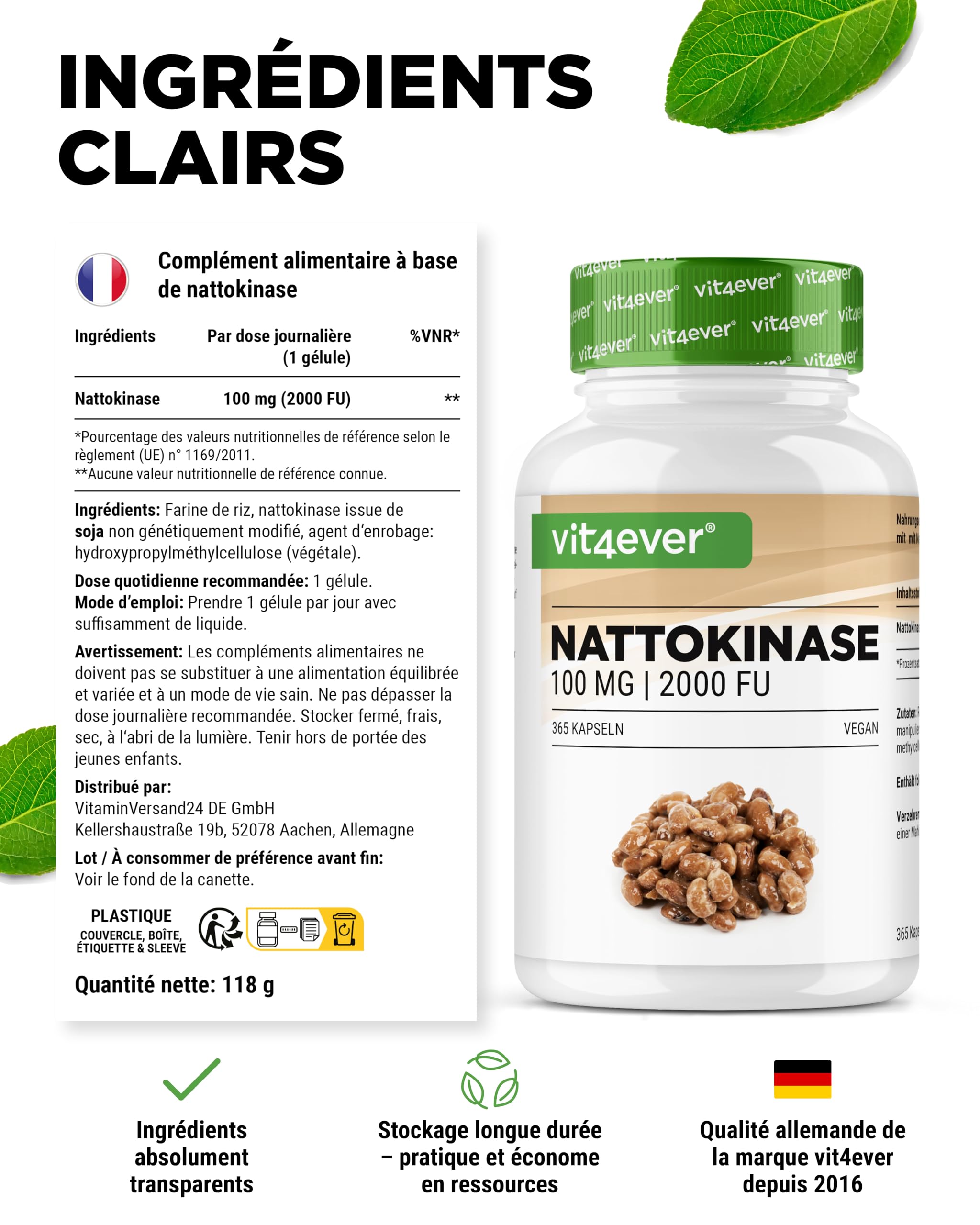 vit4ever Nattokinase - 365 Gélules de 100 mg (20.000 FU/g) - Réserve de 12 Mois - Hautement Dosée - Vegan - Sans OGM - Sans Additifs Indésirables