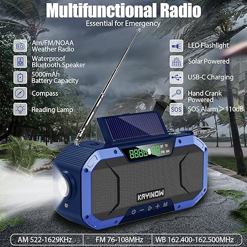 Miniatura 8 de Altavoz Bluetooth impermeable de radio de emergencia, linterna de camping, radio AMFM portátil, radio de alerta meteorológica NOAA solar de