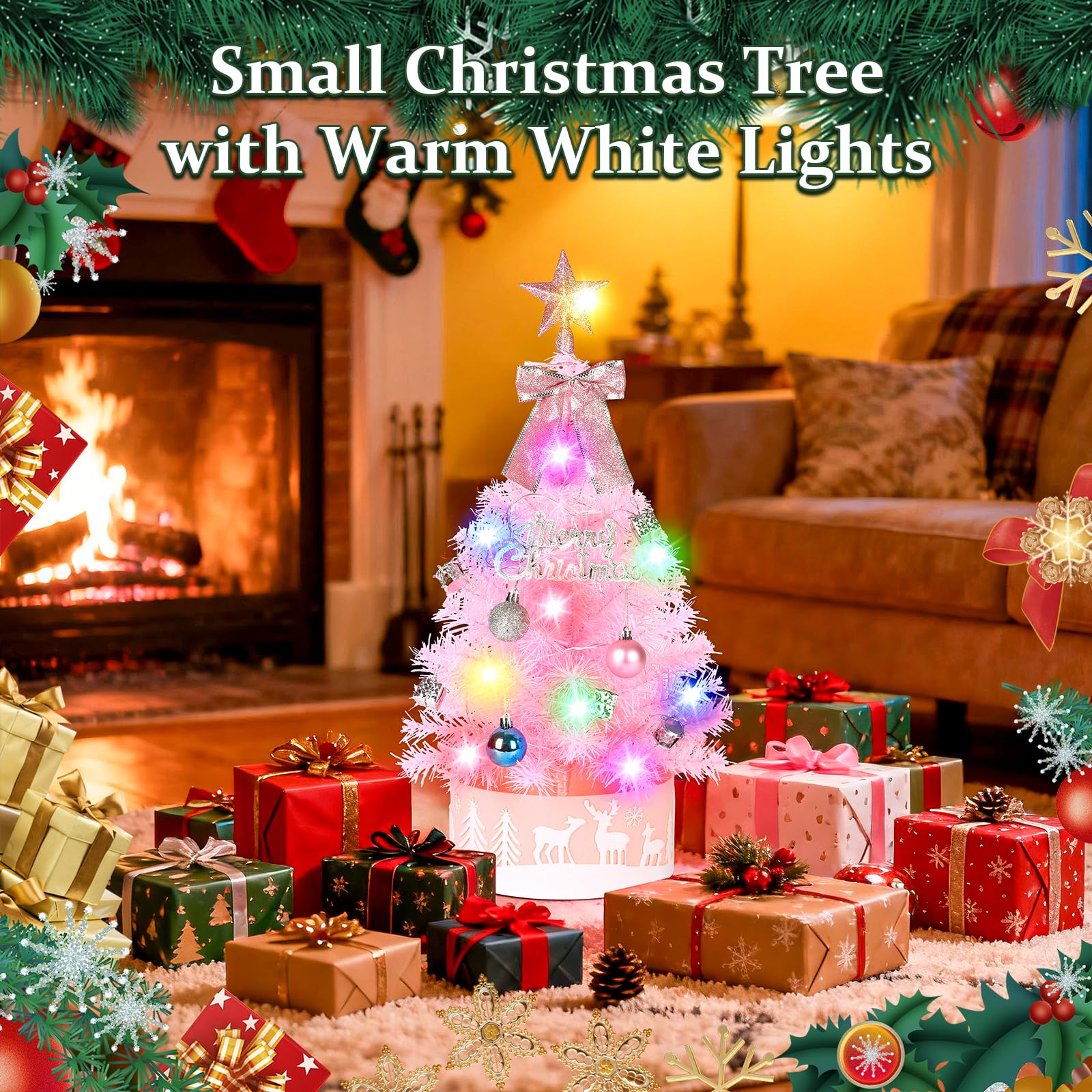 60cm Pinker Künstlicher Weihnachtsbaum mit Bunten LED-Lichtern - DIY-Deko-Set inkl. Sternspitze, Schleife, Baumrock, Trommeln & Geschenkboxen - Rosa Tischbaum für Mädchenzimmer & Homeoffice