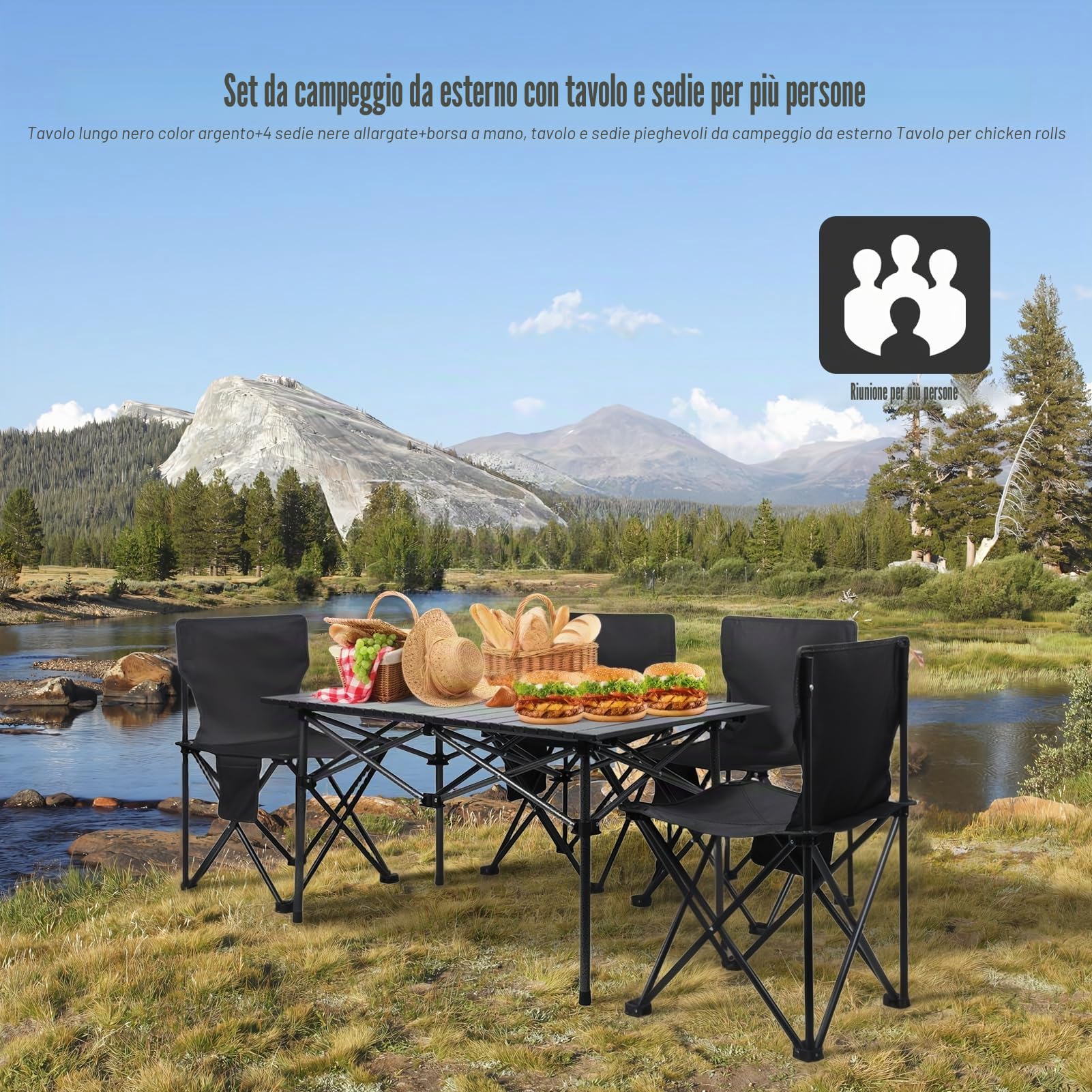 Set di tavolo e sedie da campeggio, tavolo e sedie da picnic pieghevoli, in metallo, portatili, 4 sedie, con grande organizer e borsa per il trasporto, per picnic, campeggio, barbecue, nero