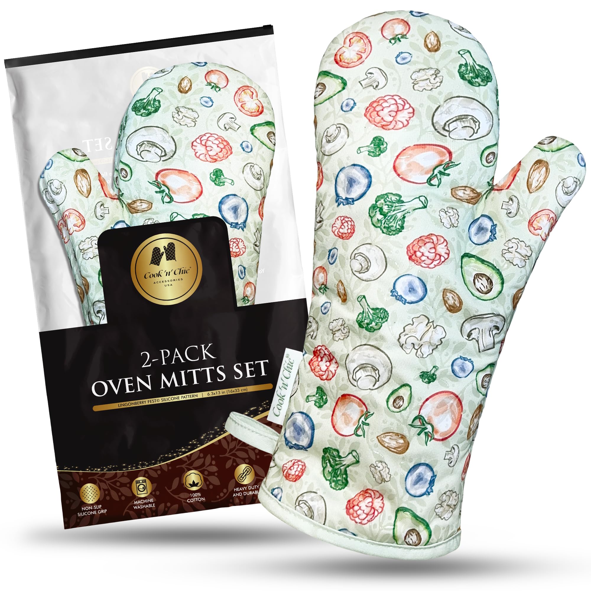 Cook'n'Chic - Guantes de horno resistentes al calor, elegantes y hermosos, agarre de silicona platino antideslizante, largos y gruesos, exterior 100% algodón natural y forro de tela de rizo suave,