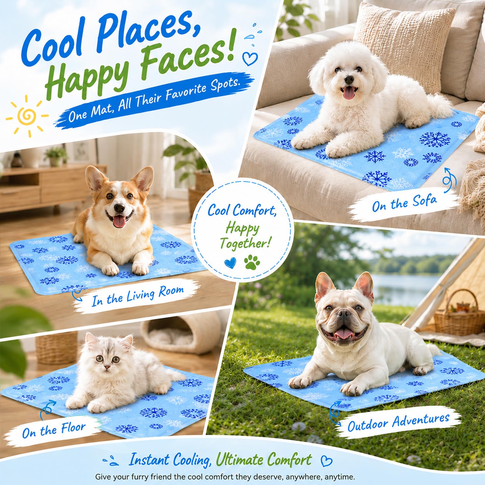 Alfombra Refrescante Perros y Gatos 50x40 cm, Alfombrilla Refrigerante con Gel no Tóxico, Cama Refrescante Perro Impermeable para Mascotas Pequeñas (Copos de Nieve Azules)