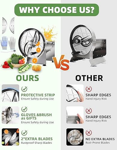 Miniatura 2 de Cortadora manual comercial de frutas y verduras, grosor ajustable, de acero inoxidable, con 2 cuchillas adicionales para cortar frutas, patata,