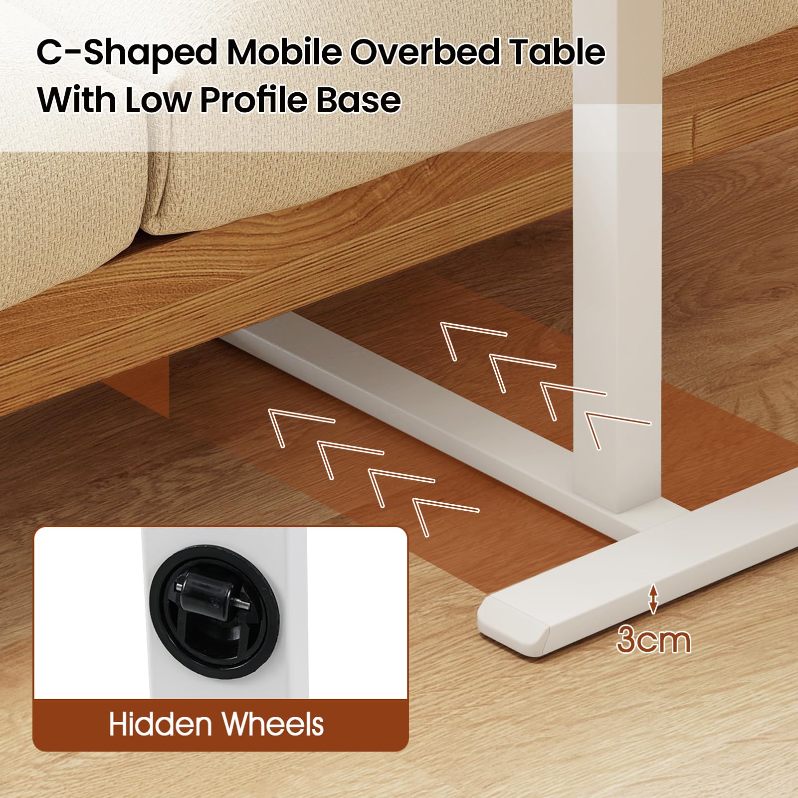 Lifezeal - Mesa de Cama Móvil, Mesa de Cama en Forma de C con Bandeja Reclinable y Topes de Borde para Ordenador, Escritorio Regulable en Altura con Ruedas Giratorias de 360° para Dormitorio Salón