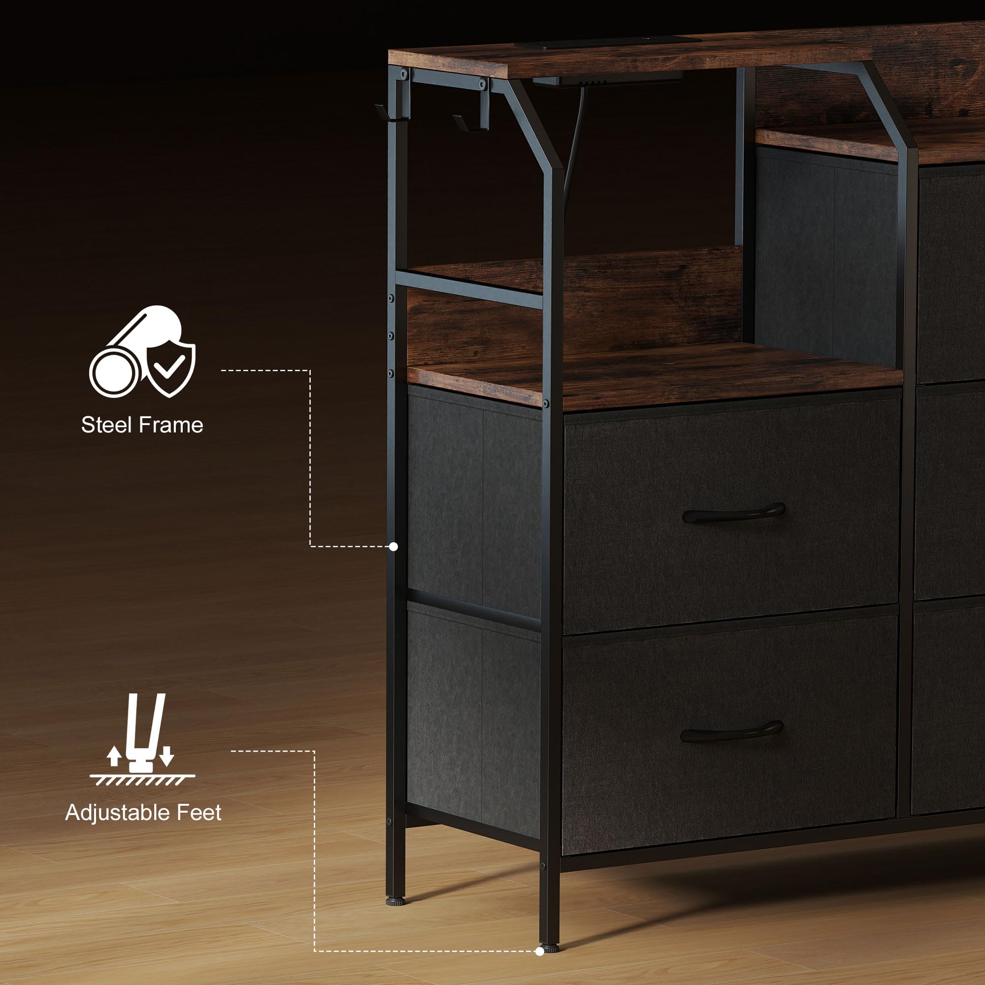 HOMCOM Commode avec Station de Recharge, 8 tiroirs en Tissu Pliables, Commode Chambre, Meuble de Rangement, étagère Ouverte et Crochets, Cadre en Acier, pour Chambre, Salon, Couloir, Marron Rustique | Meuble de Rangement, Étagère Ouverte, Crochets, Cadre