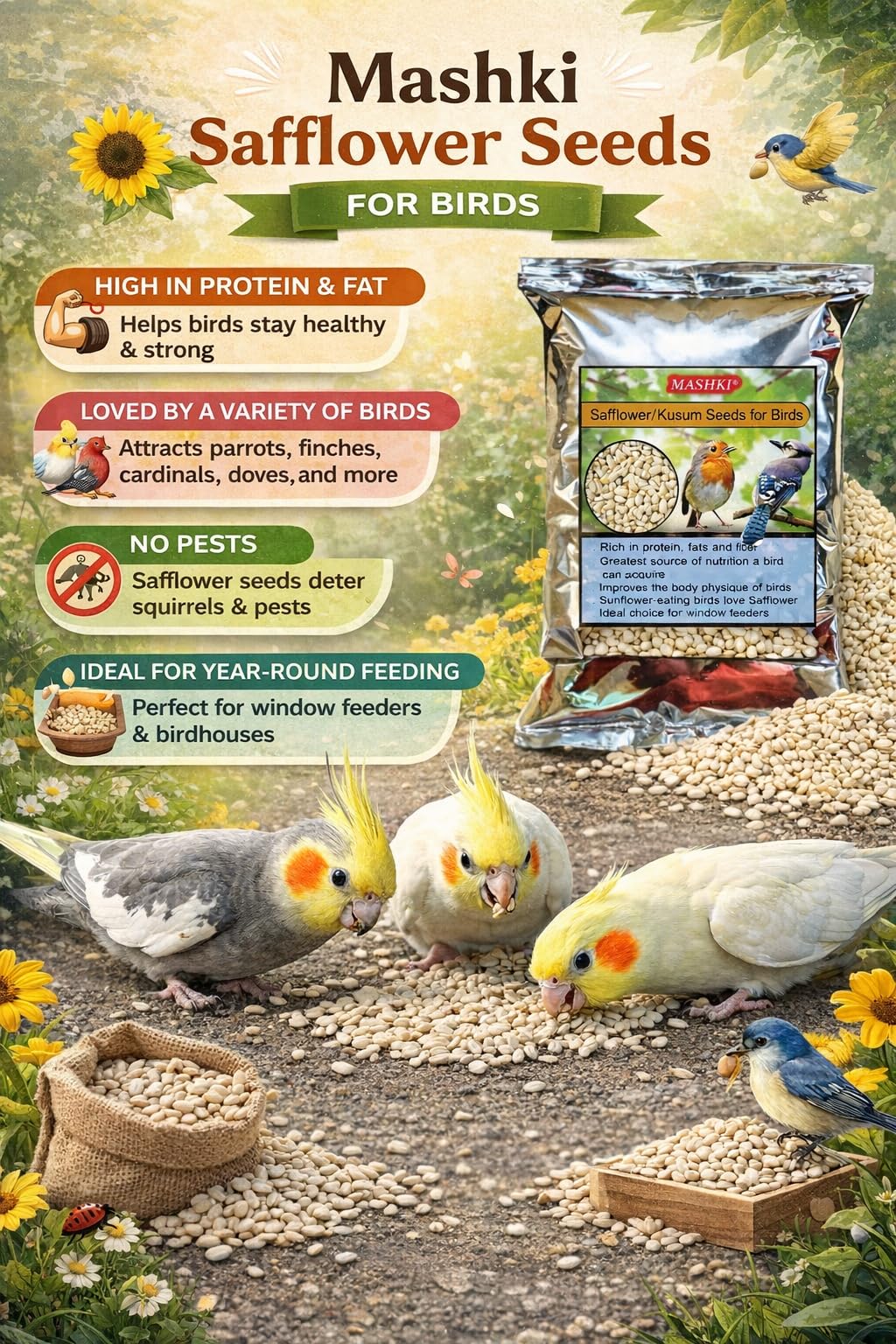 MASHKI Safflower Seeds Dry and Clean Kusum beej Seeds for Bird Food Songbirds Natural Nutrition Food (3 KG),All Life Stages 2