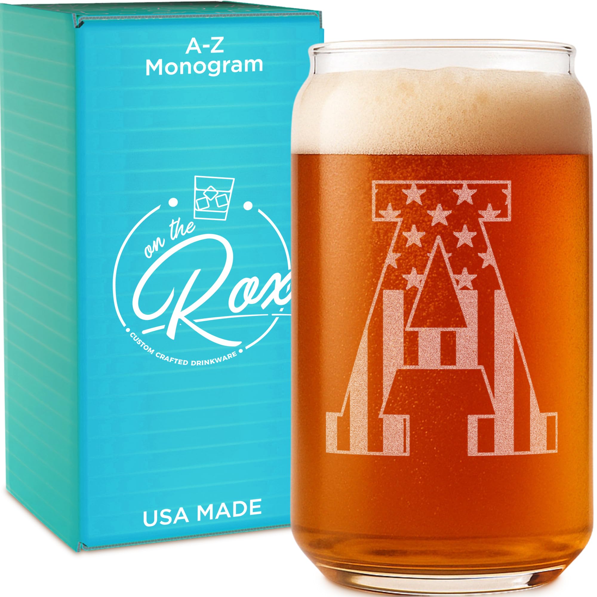 On The Rox Monogram Beer Glasses for Men (A-Z) 16 oz - Personalized Engraved Beer Gifts for Him - Groomsmen Gifts Brother in Law Dad Son Coworker - Unique USA Made Dishwasher Safe Pint Glass (A)