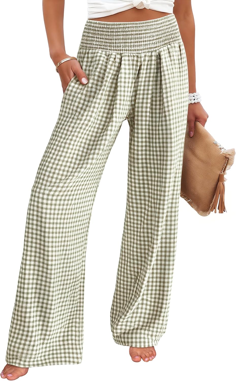 ANRABESS Womens Striped Gingham Palazzo Pants Wide Leg High Waisted Lounge Pajama Pants Cute Casual Trousers with Pockets