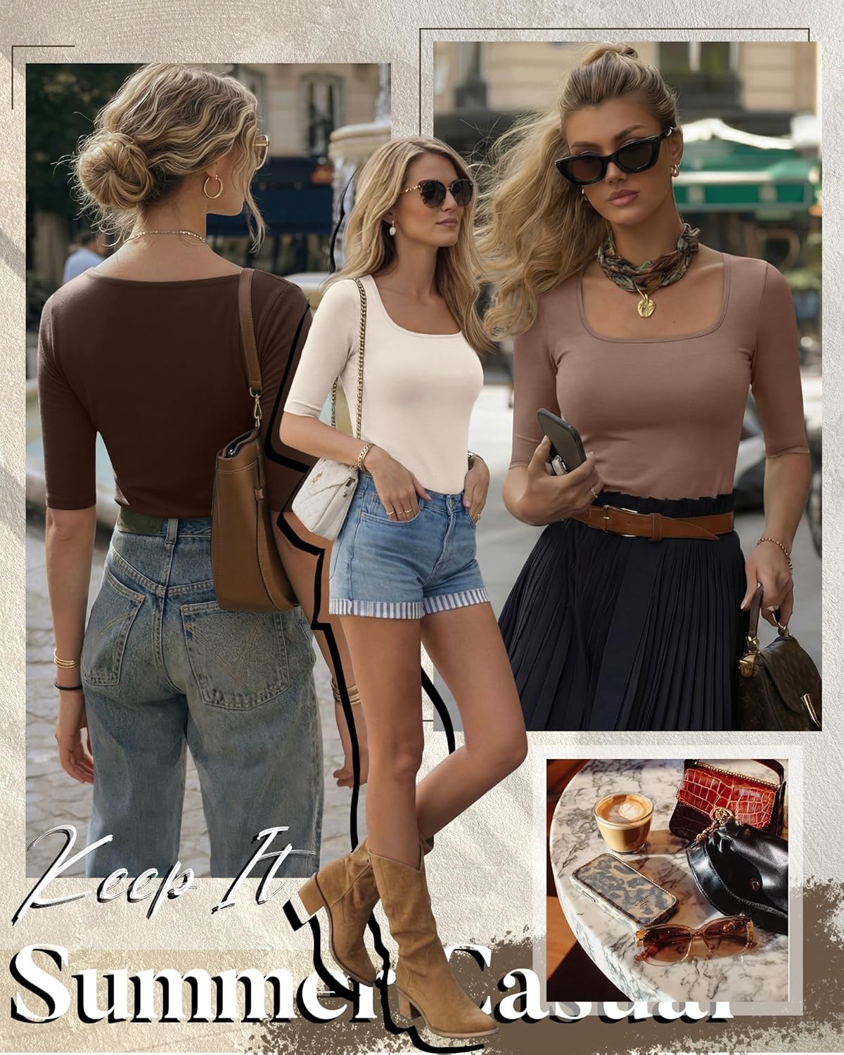 Neer 4 Pack Women's Half Sleeve Shirts Cotton Blend Elbow Length Tees Stretchy Square Neck Slim Fitted Casual Basic Tops - Image 3