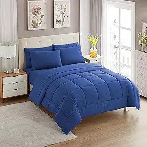 Sweet Home Collection 7 Piece Comforter Set Bag Solid Color All Season Soft Down Alternative Blanket & Luxurious Microfiber Bed Sheets, Royal Blue, Full