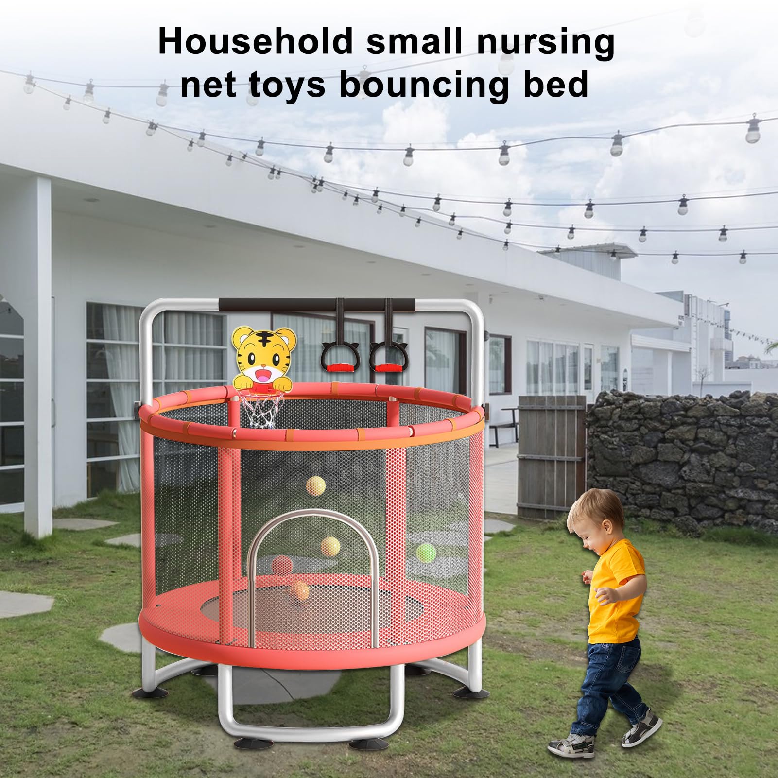 Trampolino per bambini, trampolino regolabile per bambini con rete di recinzione, trampolino per bambini con canestro da basket altalena e palline oceaniche, trampolino per interni ed esterni per