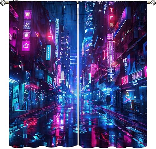 Cyberpunk - Cortinas de paisaje urbano futurista neón, tratamientos de ventana para sala de juegos, ciencia ficción, dormitorio, exposición