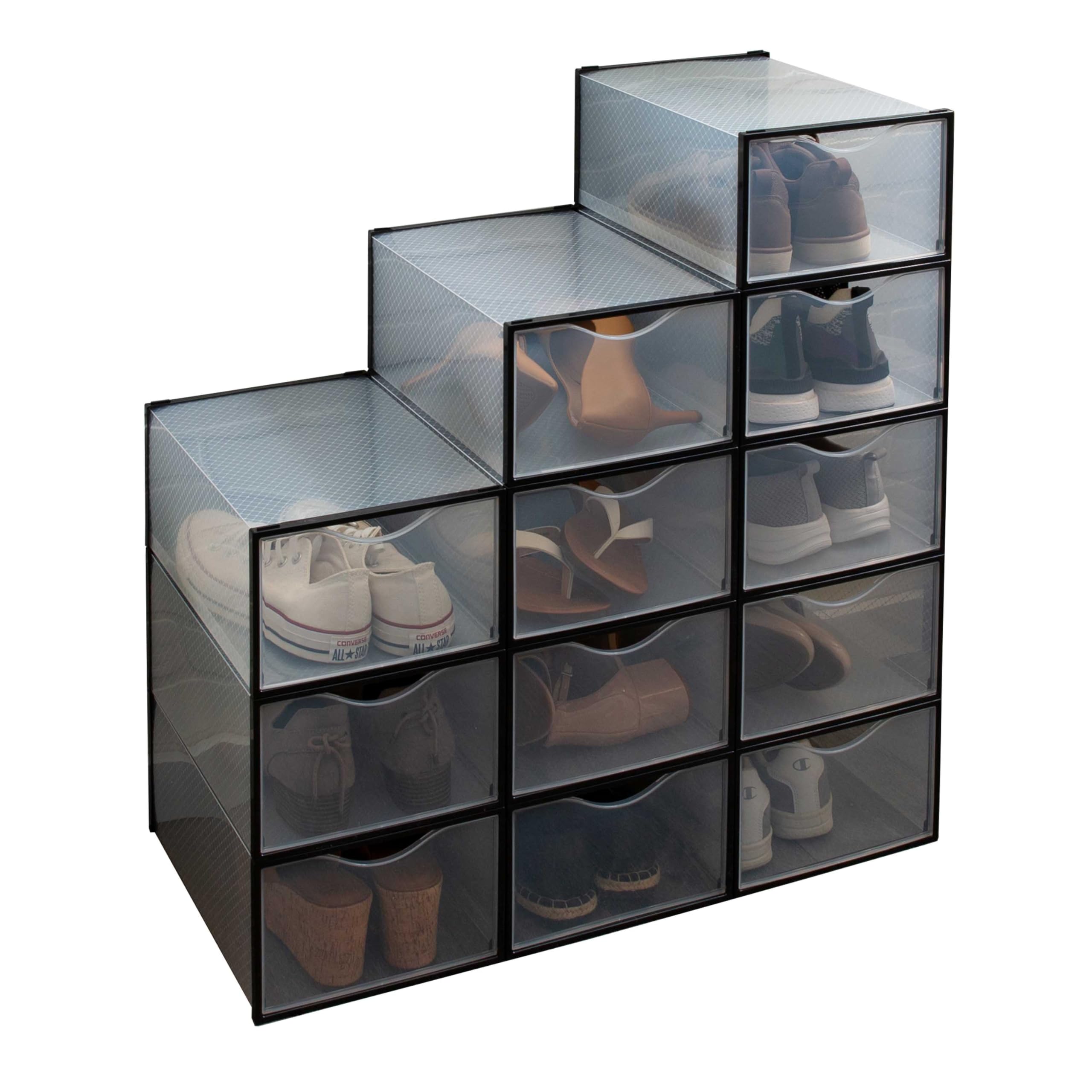 Simplify Set of 12 Stackable Shoe Boxes | Customizable | Fits Size 11 Shoes | Drop Front Design | Closet Storage | Sneakers | Heels | Clear and Black