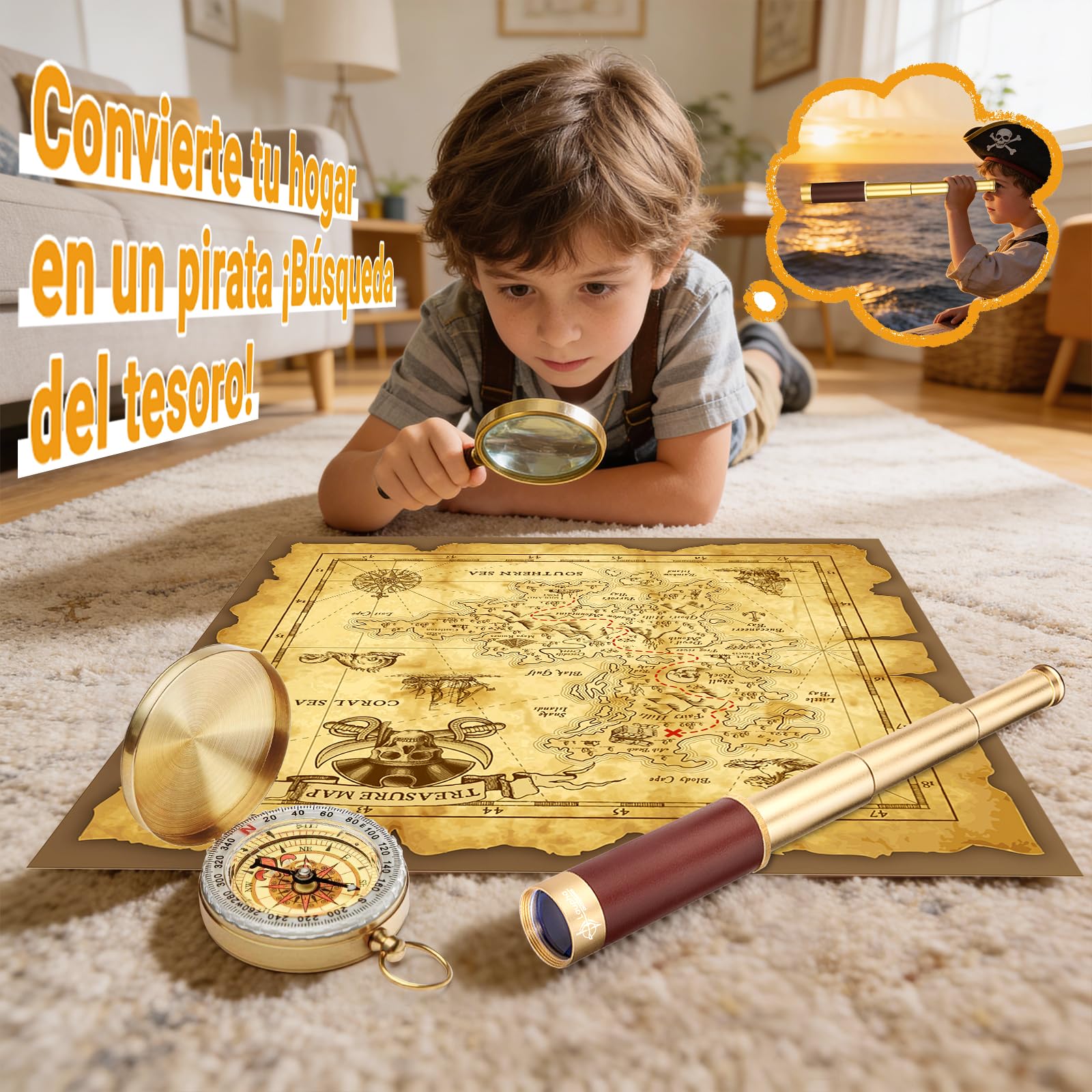 Telescopio Pirata Retro con Zoom y Mapa del Tesoro 25x30 Catalejo Telescopio Portátil Plegable Monocular Vintage para niños y Equipo de Supervivencia Brújula Brújula Militar de Bolsillo