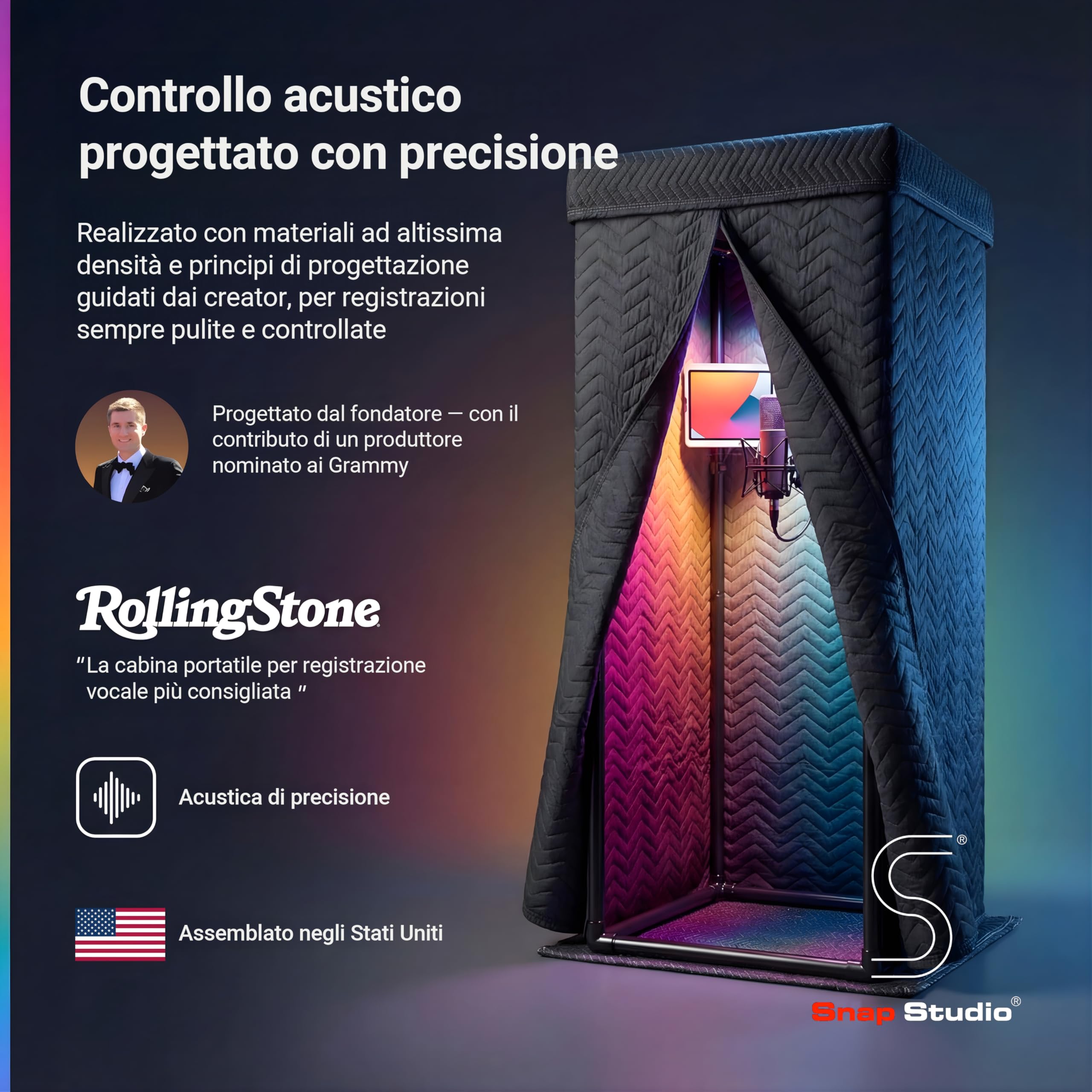 Snap Studio Vocal Booth - Cabina audio da studio consigliata per la registrazione di voci asciutte, senza eco - Riduzione del riverbero dell'80% e isolamento a 360° - Clipmount, luci, borsa da viaggio
