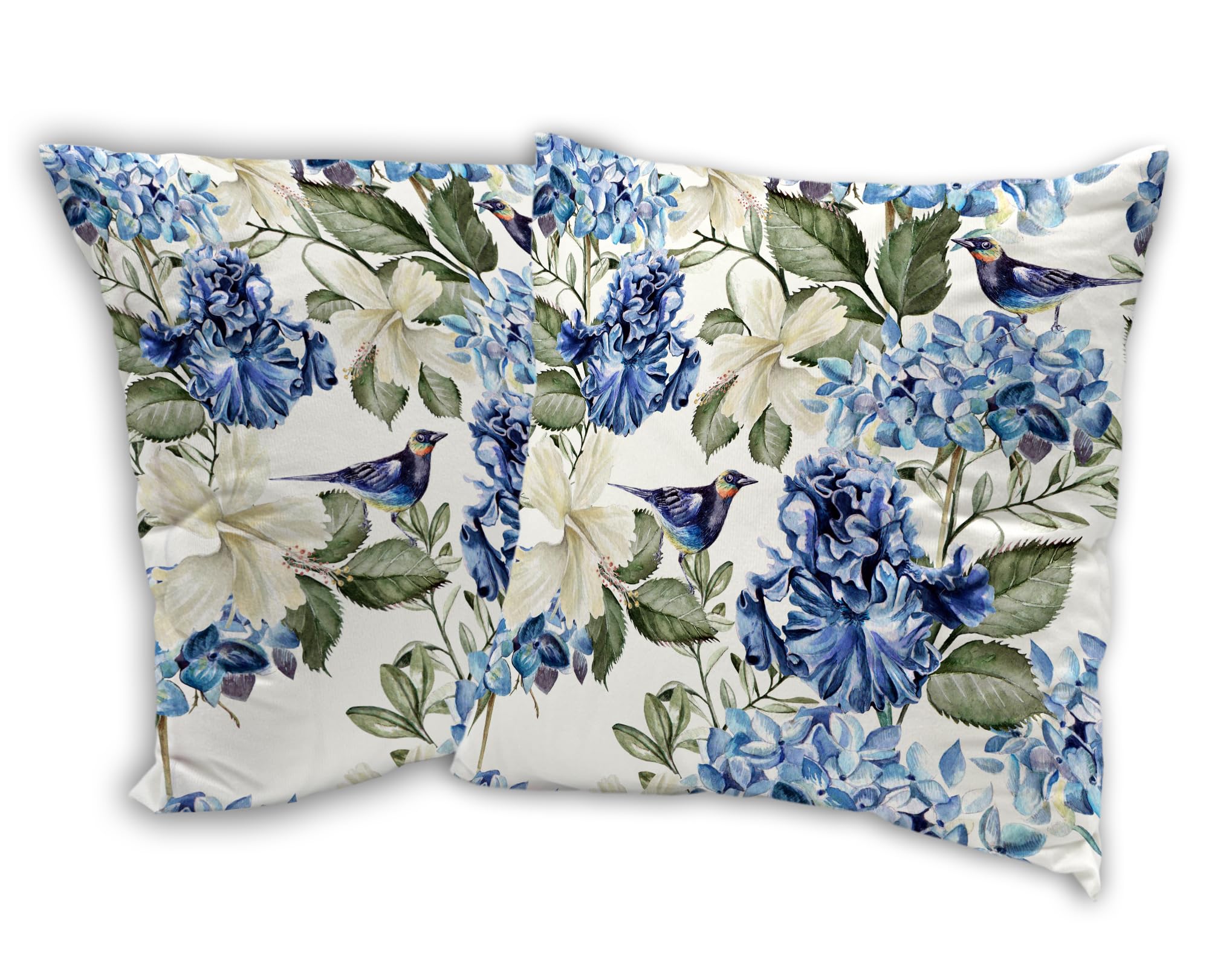 Blue Floarl Throw Pillow Covers 18x18 in Set of 2,Watercolor Hydrangea Bird Pillow Cases Decorative Double-Sided Design Square Pillowcases for Home Bed Sofa Living Room Farmhouse Outdoor