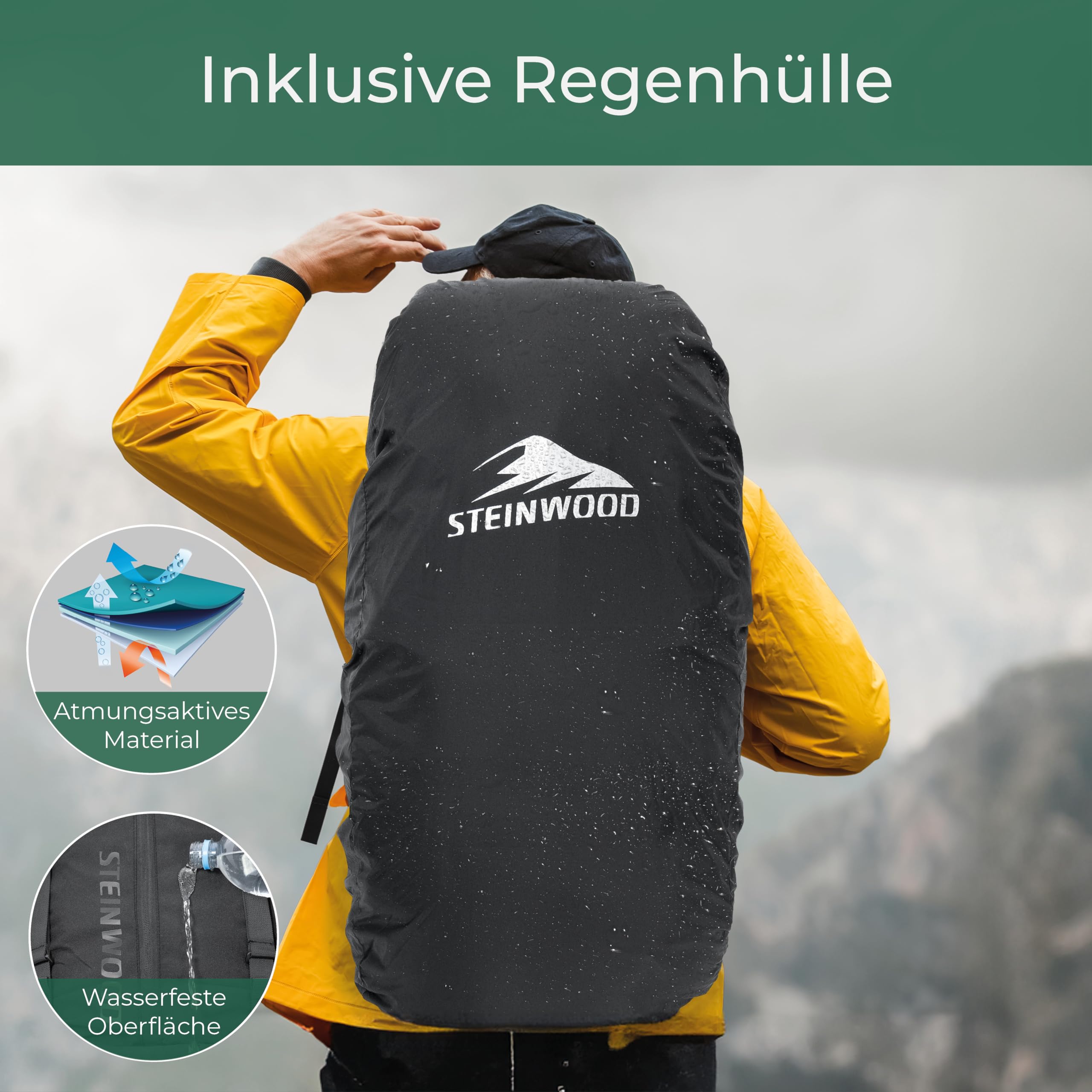 Steinwood Trekkingrucksack 70L (neu 2024), Wanderrucksack, Backpacker-Rucksack, Reiserucksack, wasserabweisend mit Regenhülle, schwarz