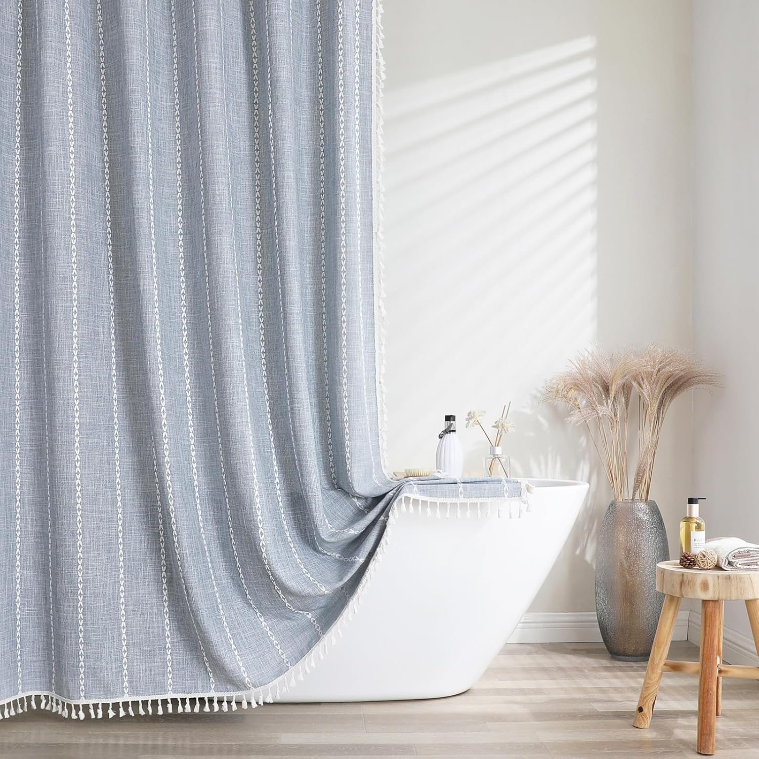 meioro Boho Farmhouse Striped Shower Curtain, 330GSM Linen Woven Fabric Shower Curtain Set with Tassel, Water Repellent Rustic Bohemian Thick Cloth Shower Curtains for Bathroom, Blue, 72×78 meioro Boho Farmhouse Striped Shower Curtain, 330GSM Linen Woven Fabric Shower Curtain Set with Tassel, Water Repellent Rustic Bohemian Thick Cloth Shower Curtains for Bathroom, Blue, 72×78