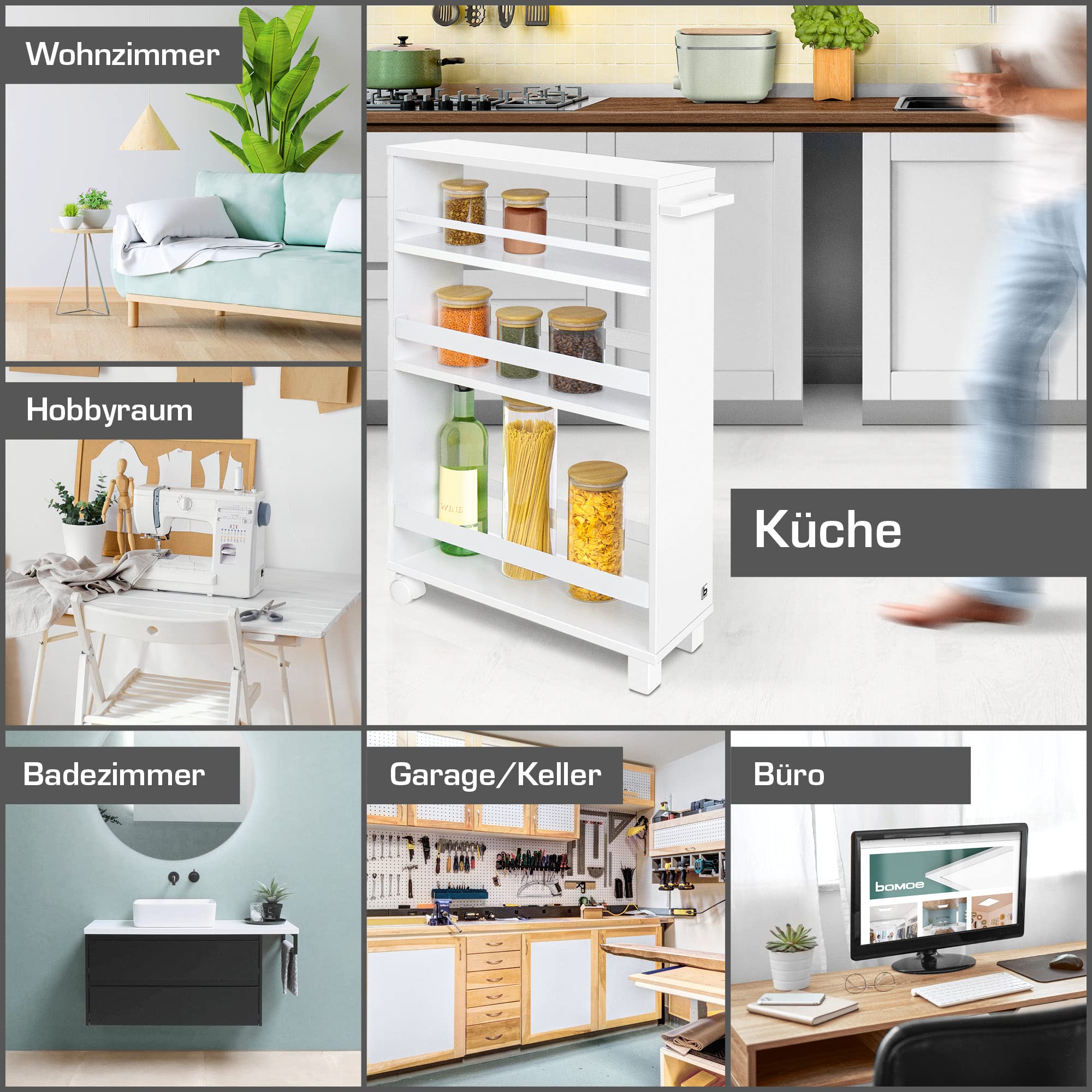 bomoe Nischenregal 15cm breit – Küchenwagen Küchenregal Schmal – Rollwagen Schmal 3 Fächer & Arbeitsplatte – Nischenschrank Küche Bad Büro – Bathroom Cart Nischenwagen Weiß 79x50 cm – Hylla