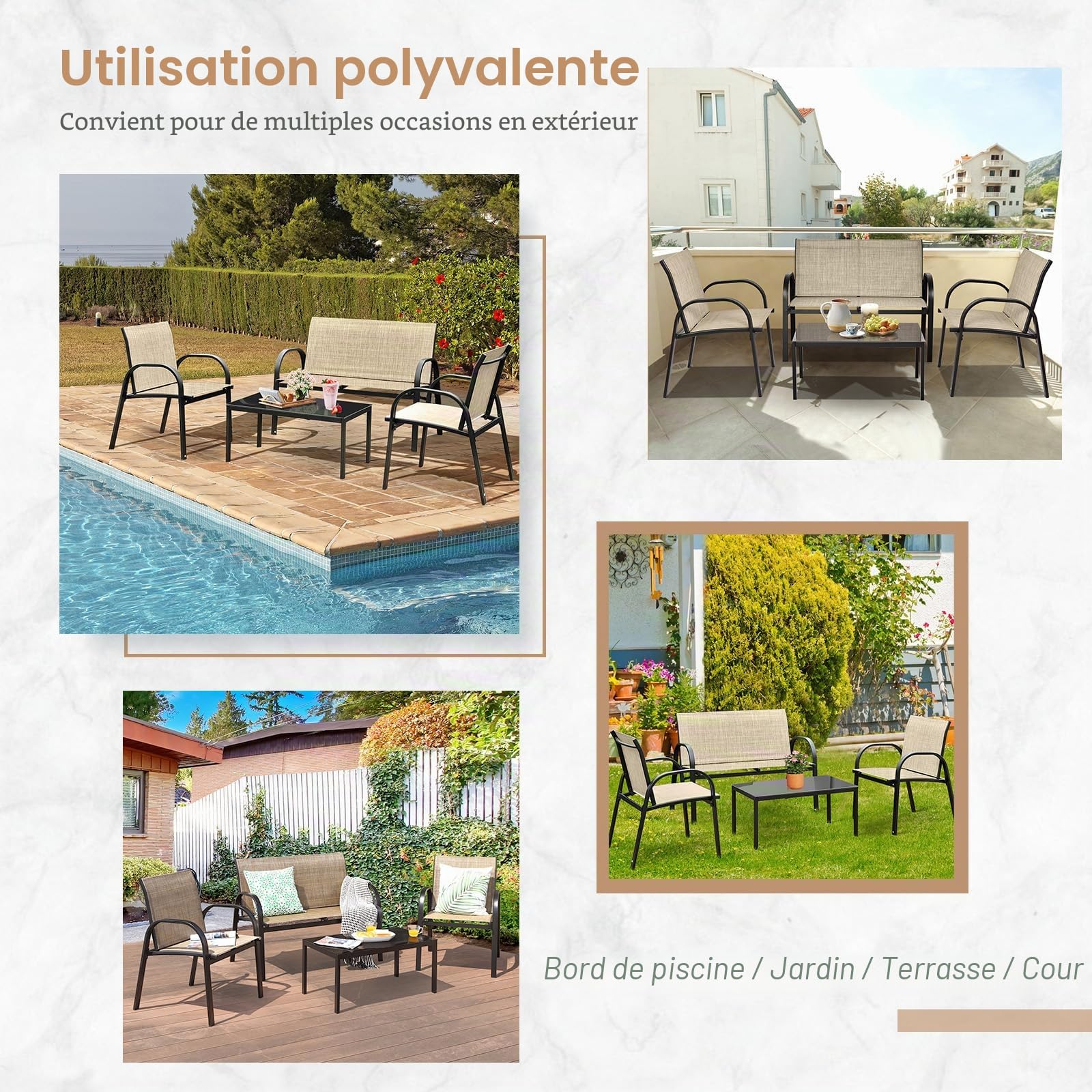 GIANTEX Salon de Jardin Exterieur 4 Pièces, Table Basse en Verre Trempé, 2 Place Canapé, 2 Chaises, Mobilier de Jardin 4 Personnes en Tissu Respirant pour Terrase, Piscine, Patio, Marron