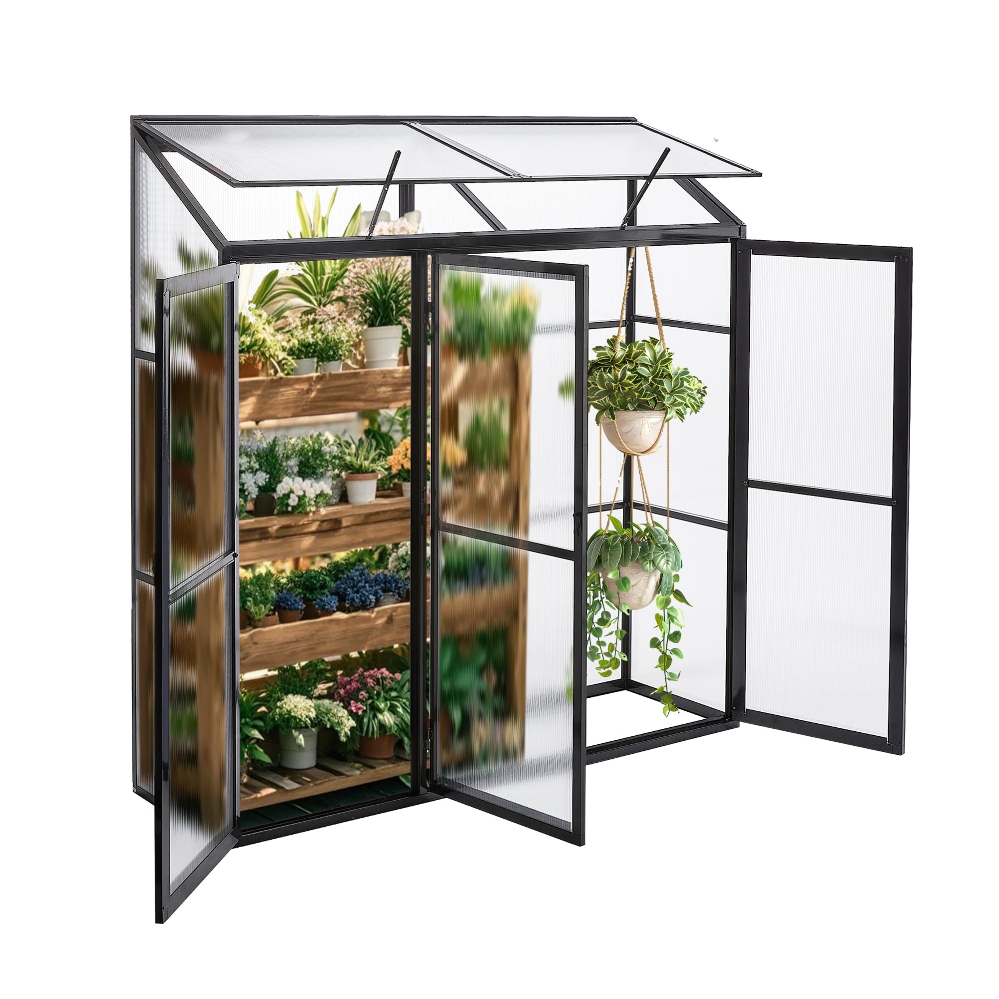 Anlehngewächshaus Tomaten Gewächshaus 180x55x190cm Aluminium Beistell-Gewächshaus, Treibhaus Gartenhaus Frühbeet mit Rückwand, Winterfest Klein, Minigewächshaus, Schwarz