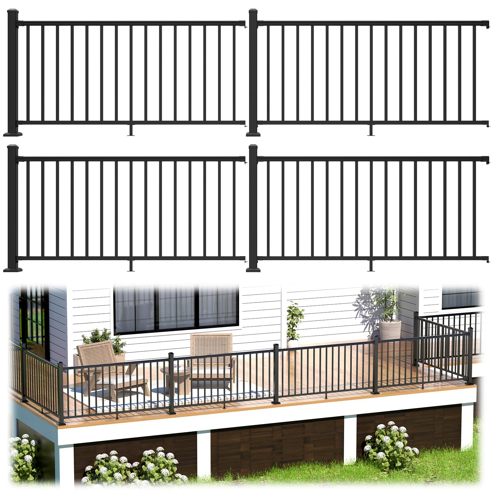Photo 1 of Egadis 36 in. H x 24 ft. W Porch and Deck Railing Kit, Aluminum Railing Kit, Black Textured AAMA 2604 Powder-Coat Finish Modular Rail System for Outdoor Decks, Porches & Balconies (4 Post, 4 Panel)