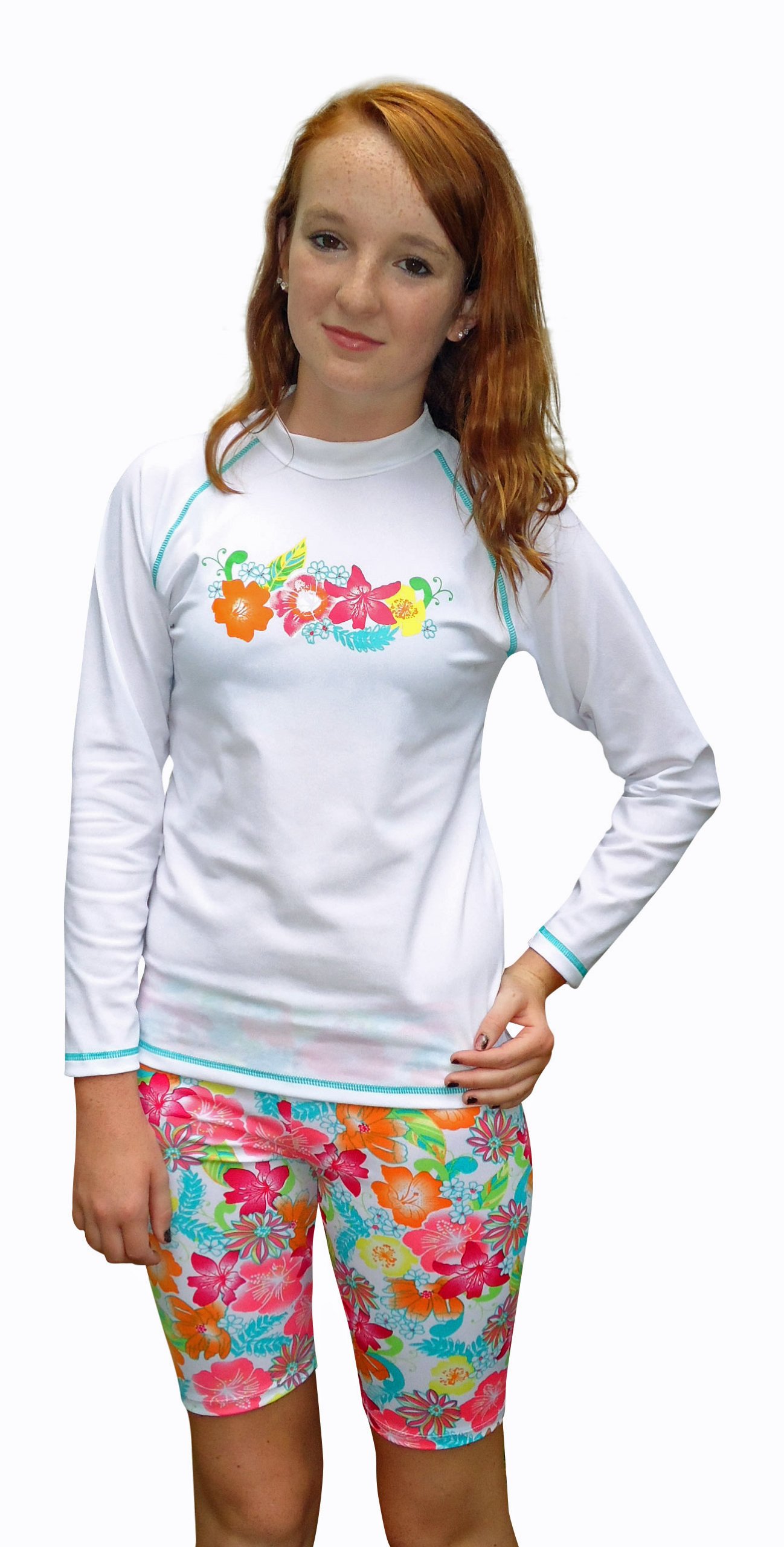 Sun Emporium Girls Long Sleeve UV Sun Protective Rash Guard Swim Shirt and Shorts 2 -Piece Set- UPF/SPF Protection