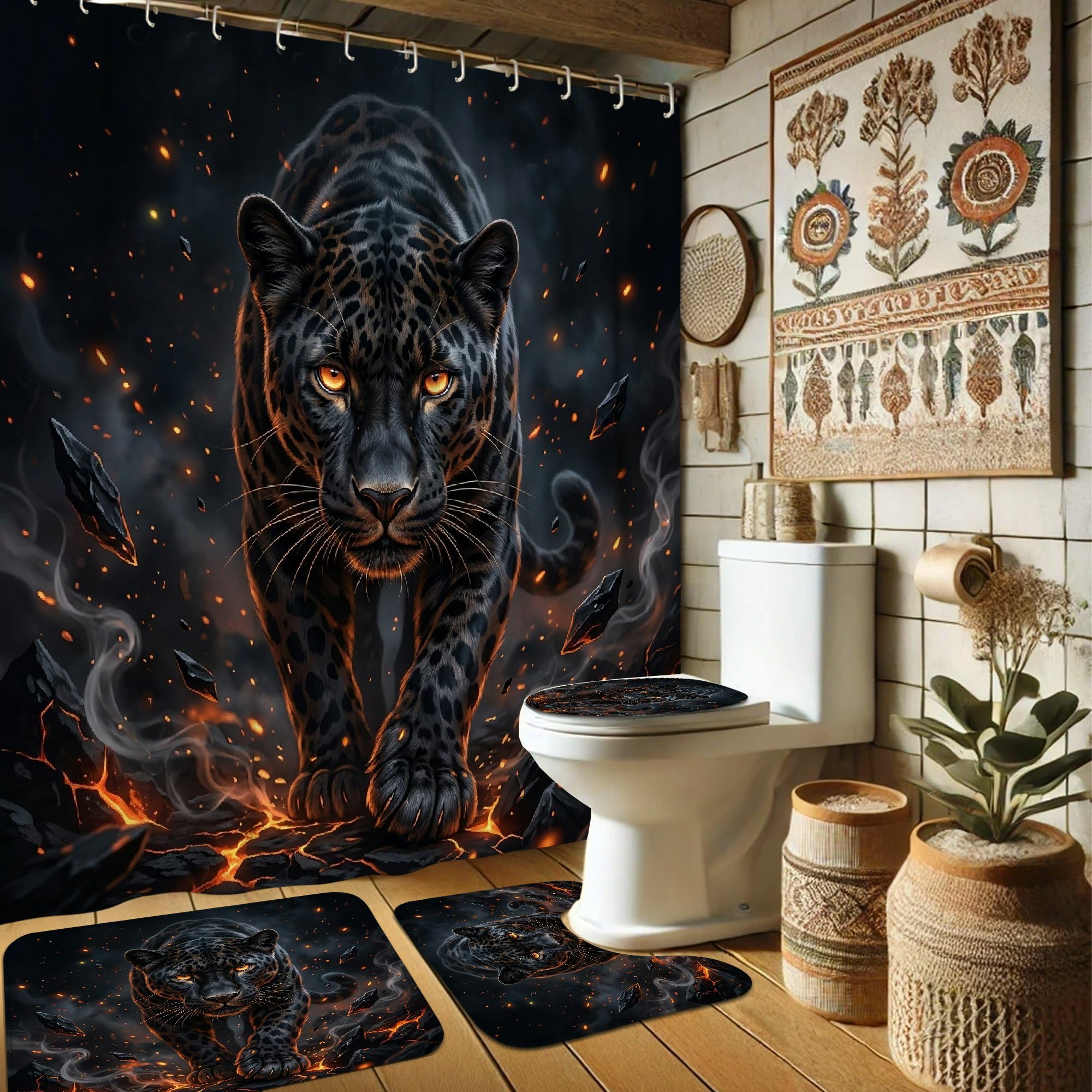 Ensemble rideau de douche panthère en tissu polyester épais noir fumé