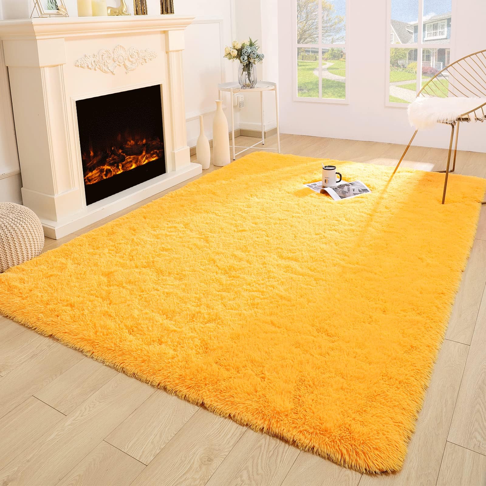 Soft Modern Indoor Large Shaggy Rug for Livingroom Bedroom Dorm Kids Room Home Decorative, Non-Slip Plush Fluffy Furry Fur Area Rugs Comfy Nursery Accent Floor Carpet 5x8 Feet, Bright Orange