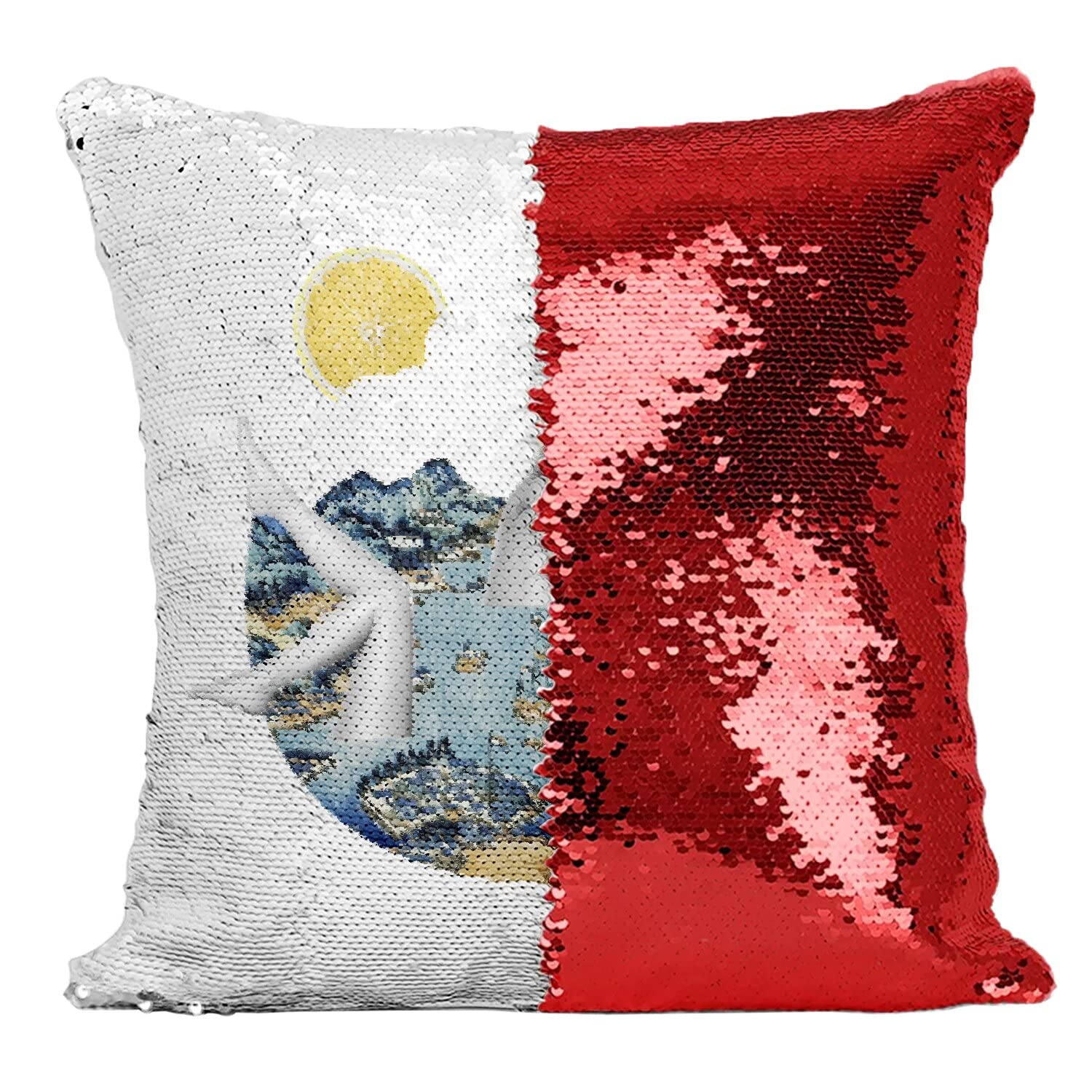 Coussin sequin rouge Hokusai : une housse magique sirène